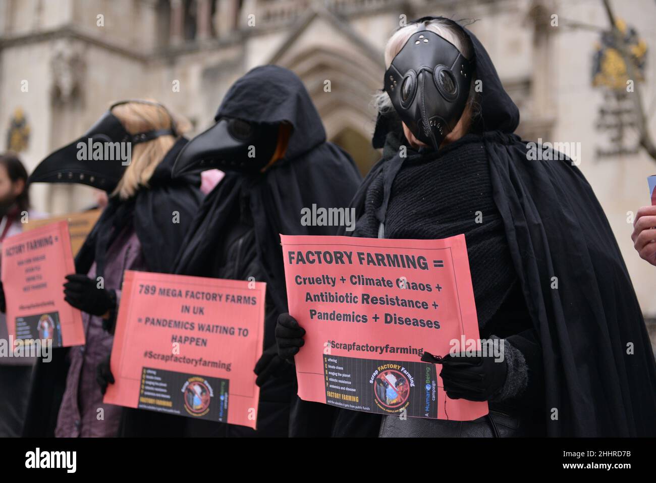 Londres, Royaume-Uni.25th janvier 2022.Les activistes portant des costumes tiennent des pancartes anti-usines agricoles pendant la manifestation.les militants des droits des animaux se sont rassemblés devant les cours royales de justice à Londres pour protester contre l'élevage industriel.Crédit : SOPA Images Limited/Alamy Live News Banque D'Images