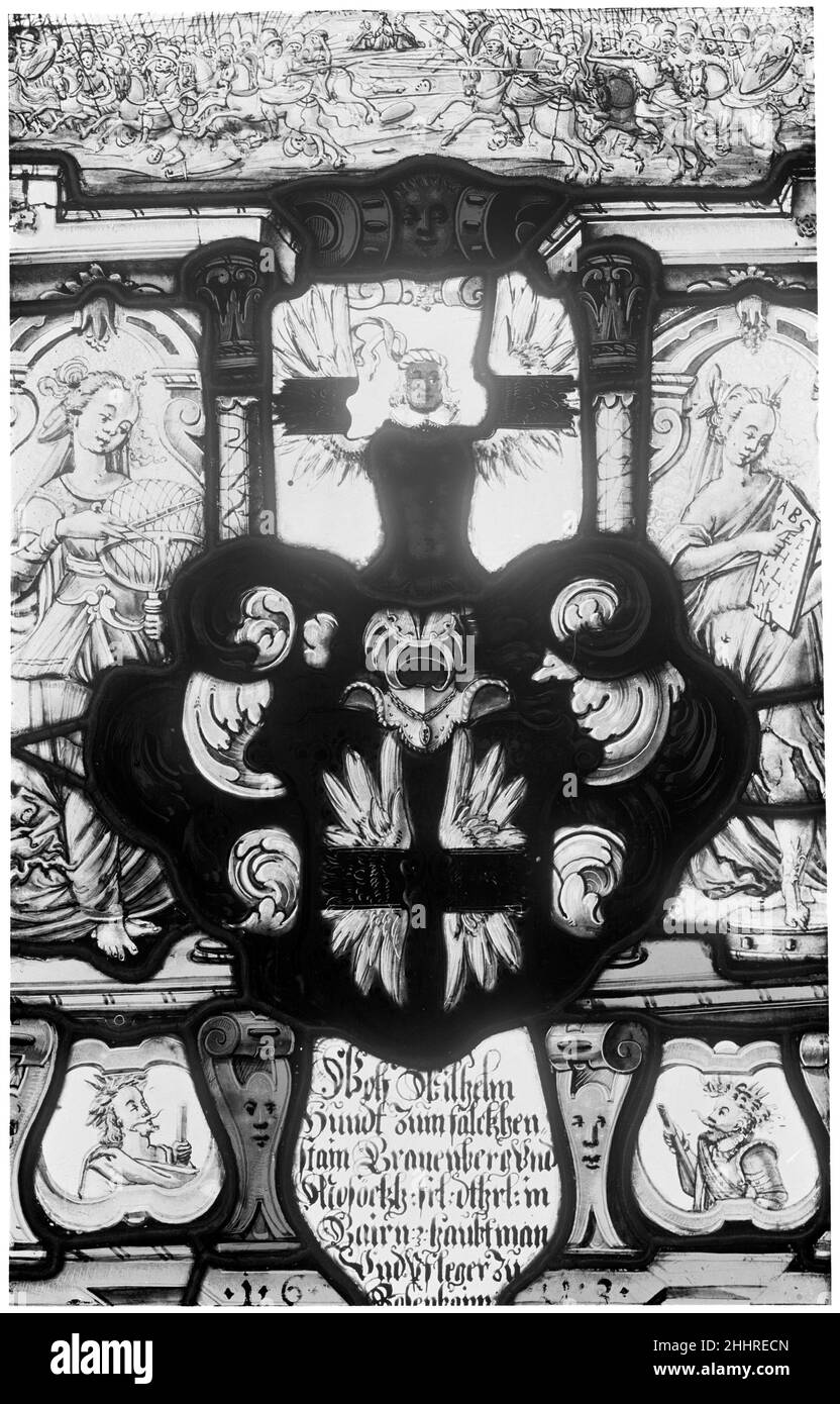 Scène de bataille et figures allégoriques avec l'armorial de Wilhelm Hundt 1603 allemand deux figures allégoriques bordent les bras de Johann Wilhelm Hundt.L'inscription peut être traduite: 'Wolf Wilhelm Hundt de Falkenstein, Brannenburg et Mosök en Bavière, capitaine et administrateur de Rosenheim.'Scène de bataille et figures allégoriques avec l'armorial de Wilhelm Hundt.Allemand.1603. Vitraux.Vitraux Banque D'Images