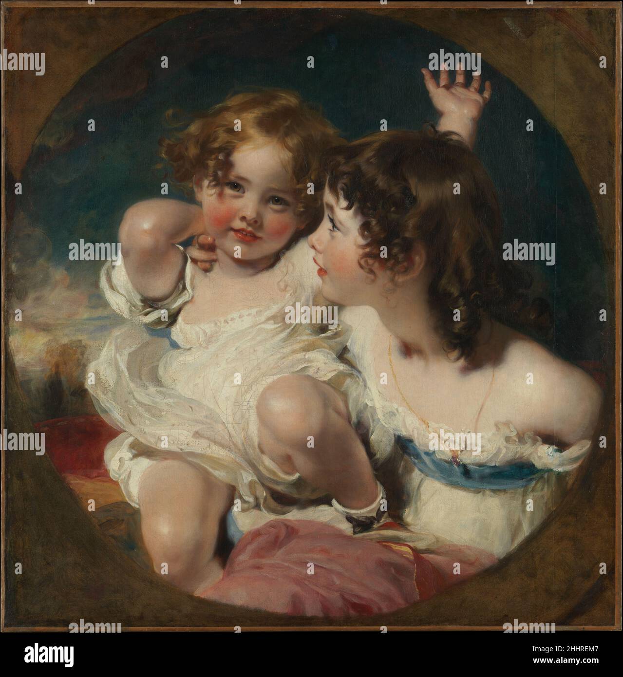 The Calmady Children (Emily, 1818–?1906, et Laura Anne, 1820–1894) 1823 le portrait d’Emily et de Laura Anne Calmady, de Sir Thomas Lawrence, illustre l’admiration pour l’exubérance effrénée de l’enfance qui a joué un rôle essentiel dans la culture européenne de la fin du XVIIIe et du début du XIXe siècle.Lawrence a décrit un jour le portrait, qui a été présenté à l'Académie royale et gravé sous le titre nature, comme étant "ma meilleure photo.. L'un des rares que je voudrais ci-après être connu.".The Calmady Children (Emily, 1818–?1906, et Laura Anne, 1820–1894).Monsieur Thomas Lawrence Banque D'Images