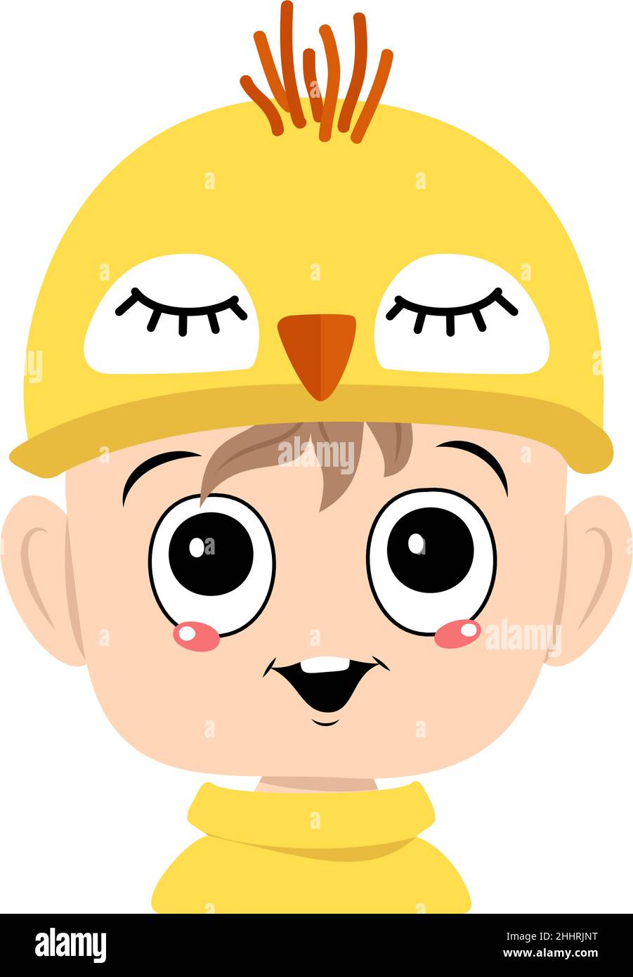 Avatar d'un garçon aux yeux grands et grand sourire heureux dans un joli chapeau de poulet jaune.Chef d'enfant avec un visage joyeux pour les vacances de Pâques, le nouvel an ou costume pour la fête.Illustration vectorielle plate Illustration de Vecteur