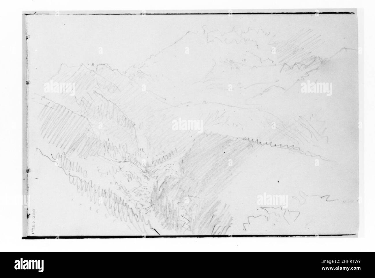 Dans les montagnes (de Sketchbook X) 1885 William Trost Richards American ce carnet contient cinquante et un dessins en graphite et en encre, principalement des sujets marins et des paysages du Nord-Ouest du Pacifique.L’ajout par Richards à la collection du Musée de ce livre et d’un autre (1992,2.1) de sujets marins et de paysage de la Nouvelle-Angleterre et de la Pennsylvanie complète virtuellement une représentation de l’éventail de la réalisation graphique de l’artiste.Les livres sont remarquables à la fois pour les compositions très finies et pour les pages de notes rapides probablement prises pendant les promenades à travers la campagne.Le pag Banque D'Images