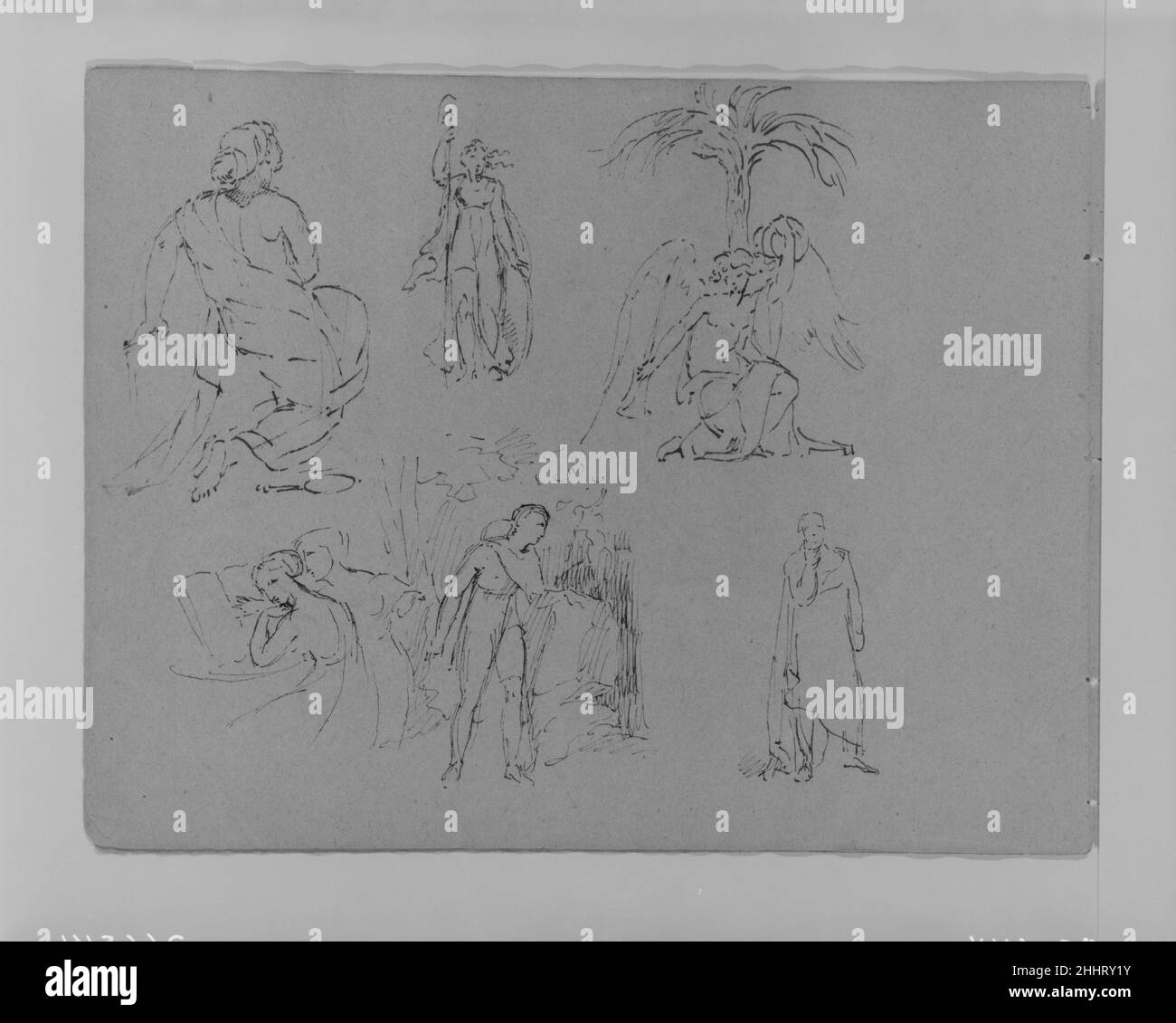 Six études de figures, y compris un Ange assis sous le palmier (tiré du carnet d'esquisses) 1810–20 Thomas Sully American.Six études de figures, y compris un Ange assis sous l'arbre de paume (de Sketchbook).Thomas Sully (américain, Horncastle, Lincolnshire 1783–1872 Philadelphie, Pennsylvanie).Américain.1810–20.Encre, lavage, sur papier Banque D'Images