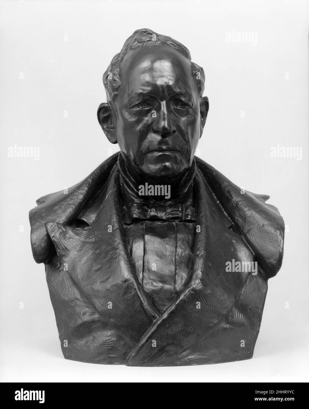 John Insley Blair 1883, CAST 1897–98 Olin Levi Warner American John Insley Blair (1802–1899) était un financier américain et un promoteur de chemin de fer qui a été directeur du système de chemin de fer Delaware, Lackawanna et Western de sa création en 1852 jusqu'à sa mort.La ressemblance est l'une des plus réussies du sculpteur dans la modélisation sûre, la variation riche de texture, et la puissante évocation de caractère.L’artiste a fidèlement enregistré les traits physiques de Blair : front balant, oreilles à larges lobes, yeux étroits et peau abîmé.Ce buste était l'une des onze œuvres de Warner données au musée par Banque D'Images