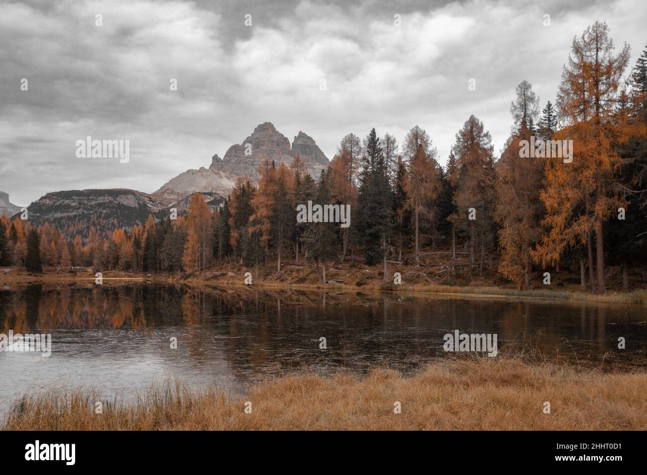 Paysage automnal saisonnier dans les Dolomites.Effet d'isolation des couleurs Banque D'Images