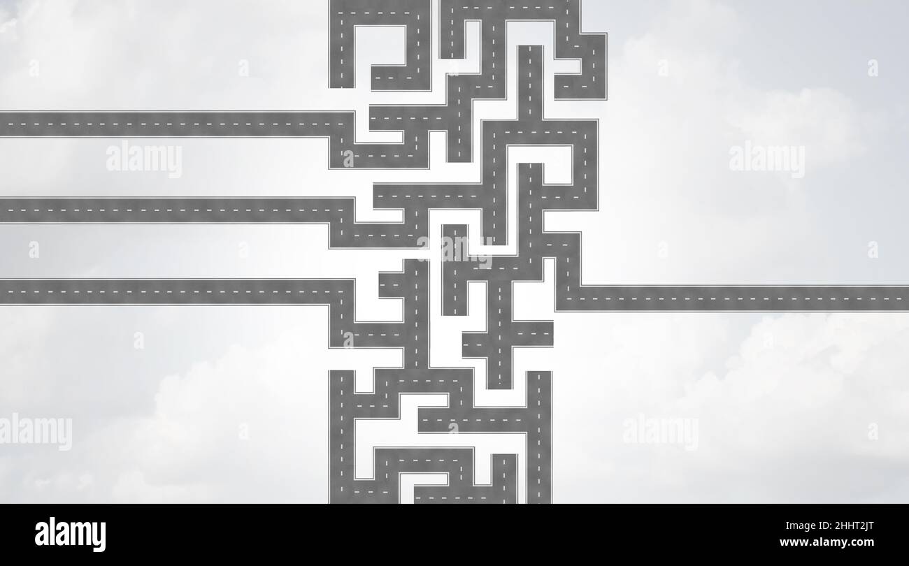 Choisir le bon chemin ou chemin comme un concept de décision d'affaires et résoudre un défi comme un symbole de métaphore de stratégie comme une route en forme de labyrinthe. Banque D'Images