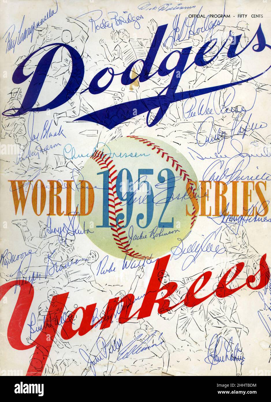 Programme Dodgers Yankees 1952 World Series autographié par toute l'équipe des Dodgers de Brooklyn. Banque D'Images