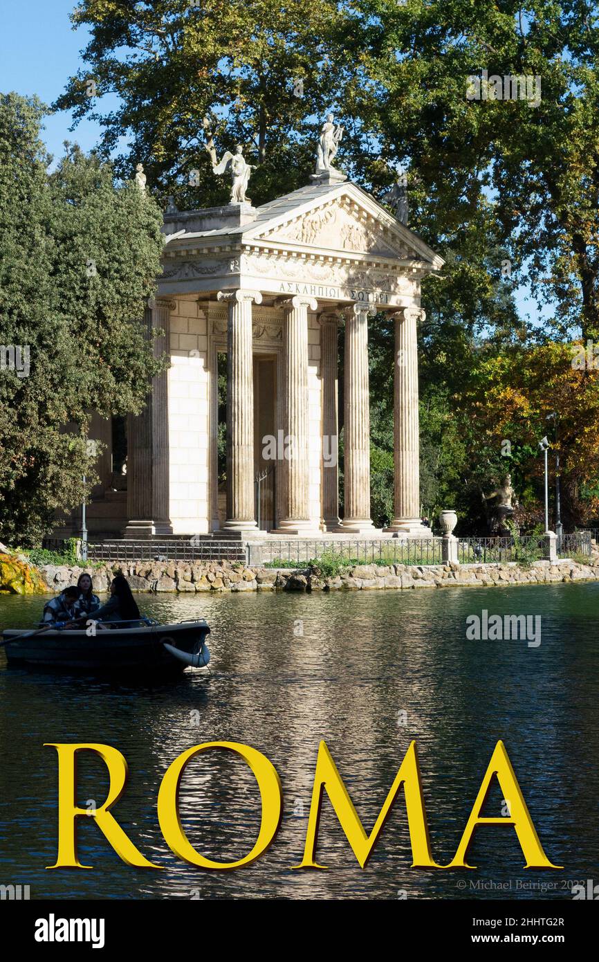 Affiche du temple d'Asclepius dans le parc Borghèse, Rome Banque D'Images