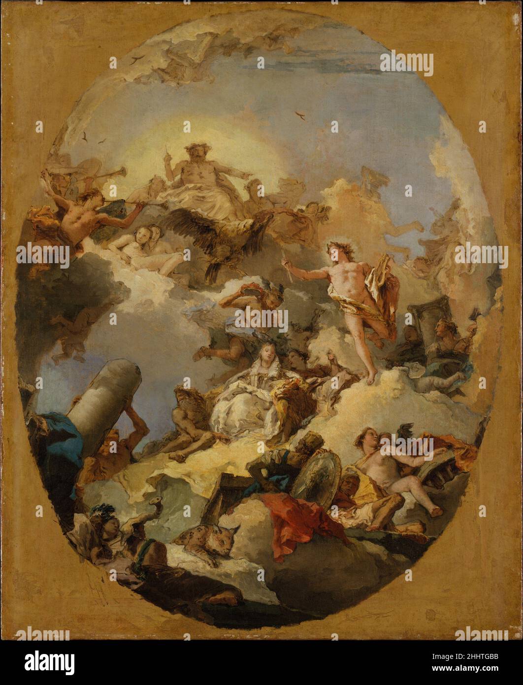 L'apothéose de la monarchie espagnole 1760s Giovanni Battista Tiepolo Italien Apollon, sa main droite étendue, tenant un sceptre royal, arrive lithly sur une banque de nuages, bernant dans son bras gauche sa lyre (il est le dieu de la musique et des arts).Mercury, le messager des dieux, s'envole avec une couronne pour la figure enthronée de l'Espagne avec son lion.La gloire sonne sa trompette tandis que Jupiter commande les débats au-dessus de son aigle en pleine ascension.Le met possède deux croquis d'huile tout aussi brillants mais différents pour le plafond d'une petite pièce adjacente à la salle du trône du Palacio Real à Madrid.Le point d'accès Banque D'Images