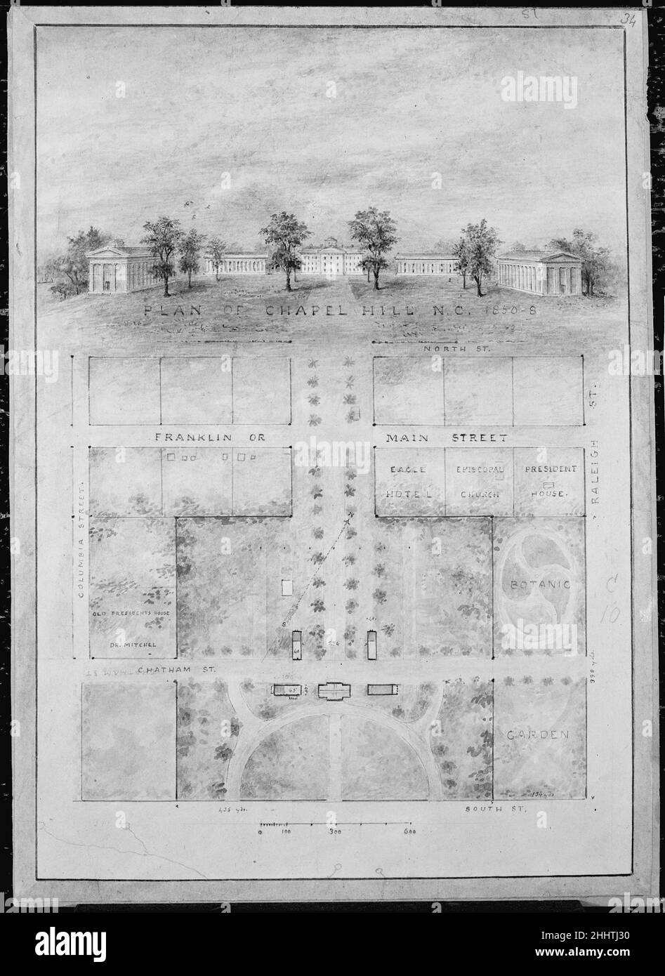 Université de Caroline du Nord, Chapel Hill (perspective lointaine et plan de terrain) 1850–58 Alexander Jackson Davis American.Université de Caroline du Nord, Chapel Hill (perspective lointaine et plan de terrain).Alexander Jackson Davis (américain, New York 1803–1892 West Orange, New Jersey).1850–58.Aquarelle, encre et graphite Banque D'Images