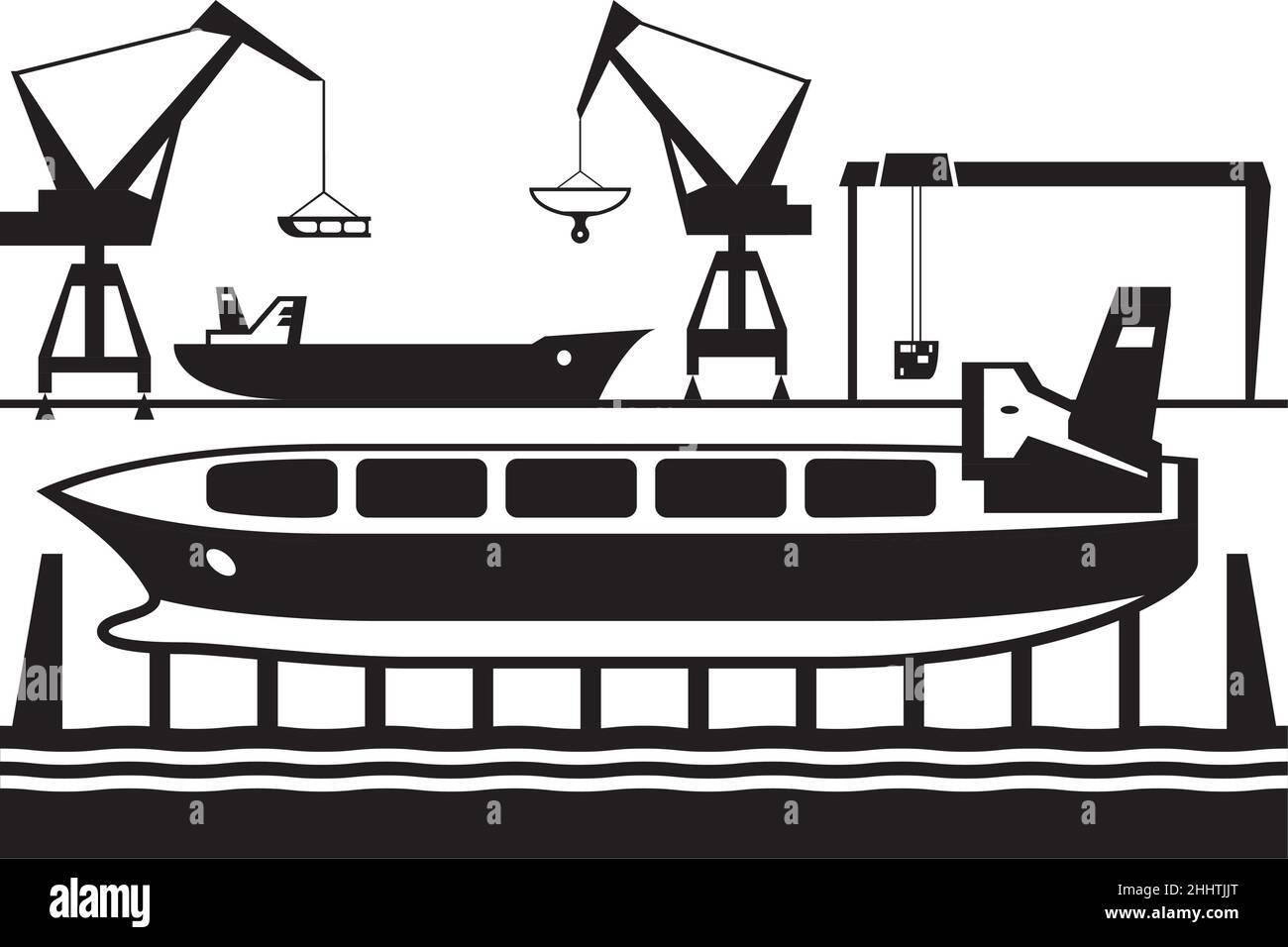 Lancement d'un nouveau navire industriel en mer – illustration vectorielle Illustration de Vecteur