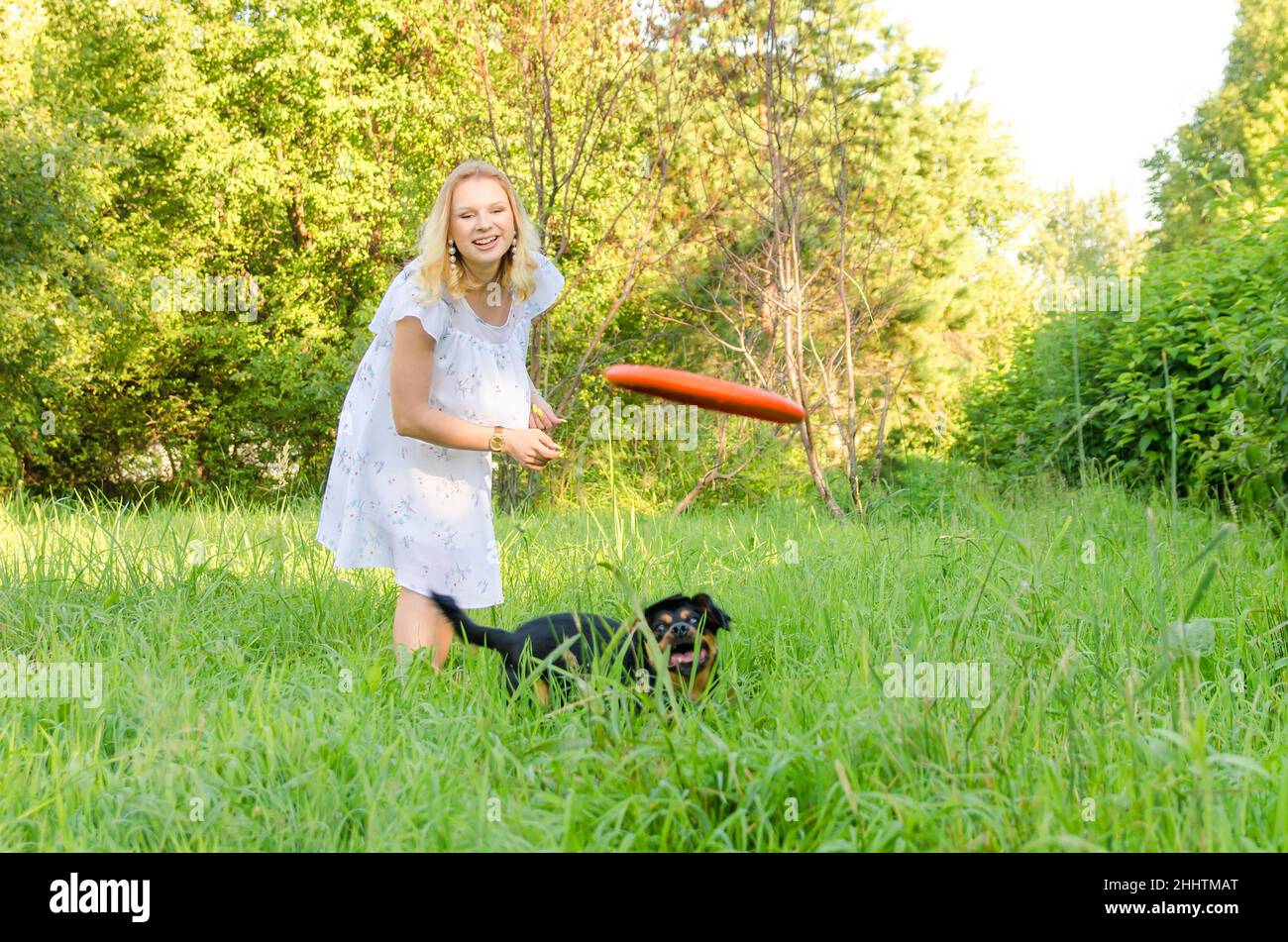 Une jeune femme blonde vêtue d'une robe légère jette un disque volant après lequel un chien mignon court. Banque D'Images