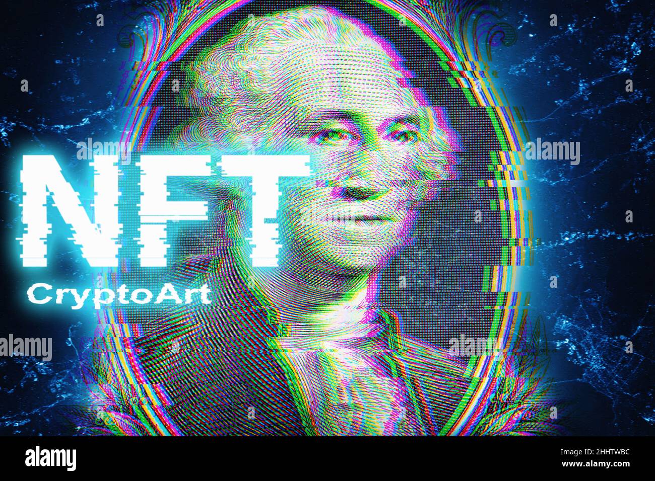 NFT Crypto Art - texte sur fond de dollar avec effet de glitch.Réseau cryptographique et concept de jeton non fongible. Banque D'Images