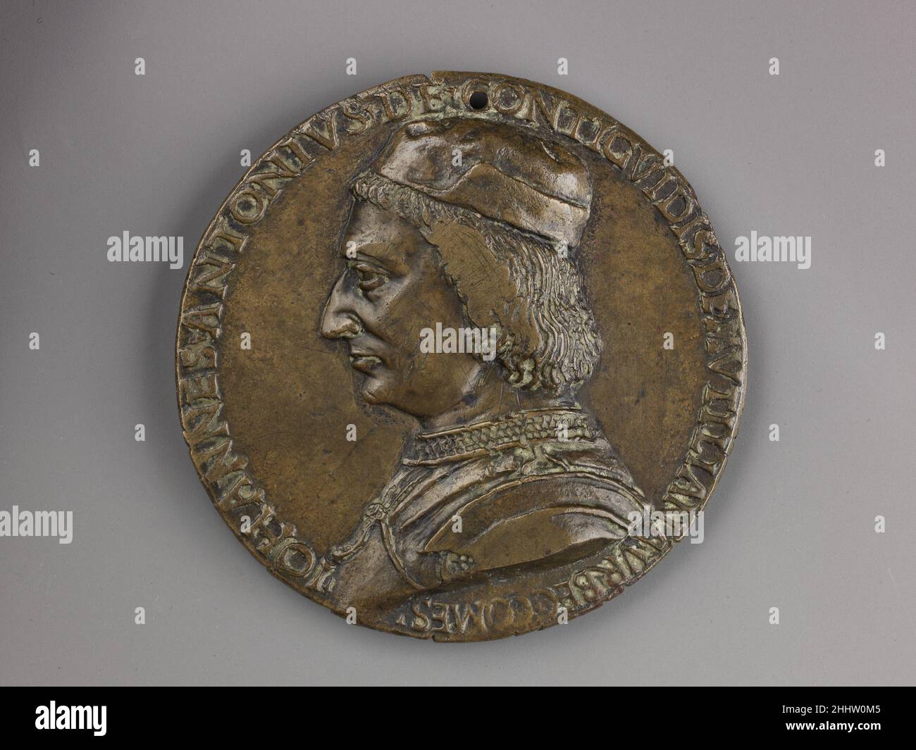 Médaille: Giovanni Antonio de' Conti modèle fin 15th siècle (éventuellement moulé 16th ou 17th siècle) style de Niccolò Fiorentino (Niccolò di Forzore Spinelli) Italien l'inverse porte un buste de Giovanni Antonio de' Conti, comte d'Urbecche et de Modigliana (1459 – 1501),Et l'inverse montre un aigle perché sur une branche avec thecoat d'armes de la famille Guidi de Romagne.Le surfaceis est usé mais montre des détails nets; l'ancienne fonte maydate du seizième ou dix-septième siècle.Médaille: Giovanni Antonio de' Conti 461142 Banque D'Images