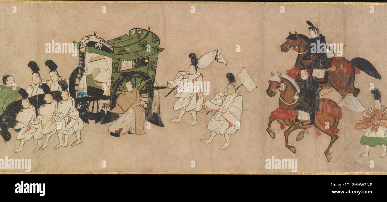 “Channel Markers” (Miotsukushi) fin 14th–début du 15th siècle Japon cette section d'un rare moutaret médiéval polychrome illustre une scène de “Channel Markers”, chapitre 14 de l'histoire.Genji visite le sanctuaire de Sumiyoshi pour remercier les divinités locales de répondre à ses prières et de permettre son retour en toute sécurité de l'exil à Suma.Sans montrer le fond du paysage, l'artiste reste fidèle à la description de l'auteur: “Genji avait organisé pour une escorte de dix garçons de page de charme, tous de la même hauteur et équipés dans un style plus charmant, leurs cheveux longs attachés dans des boucles à leurs oreilles avec un blanc fin Banque D'Images