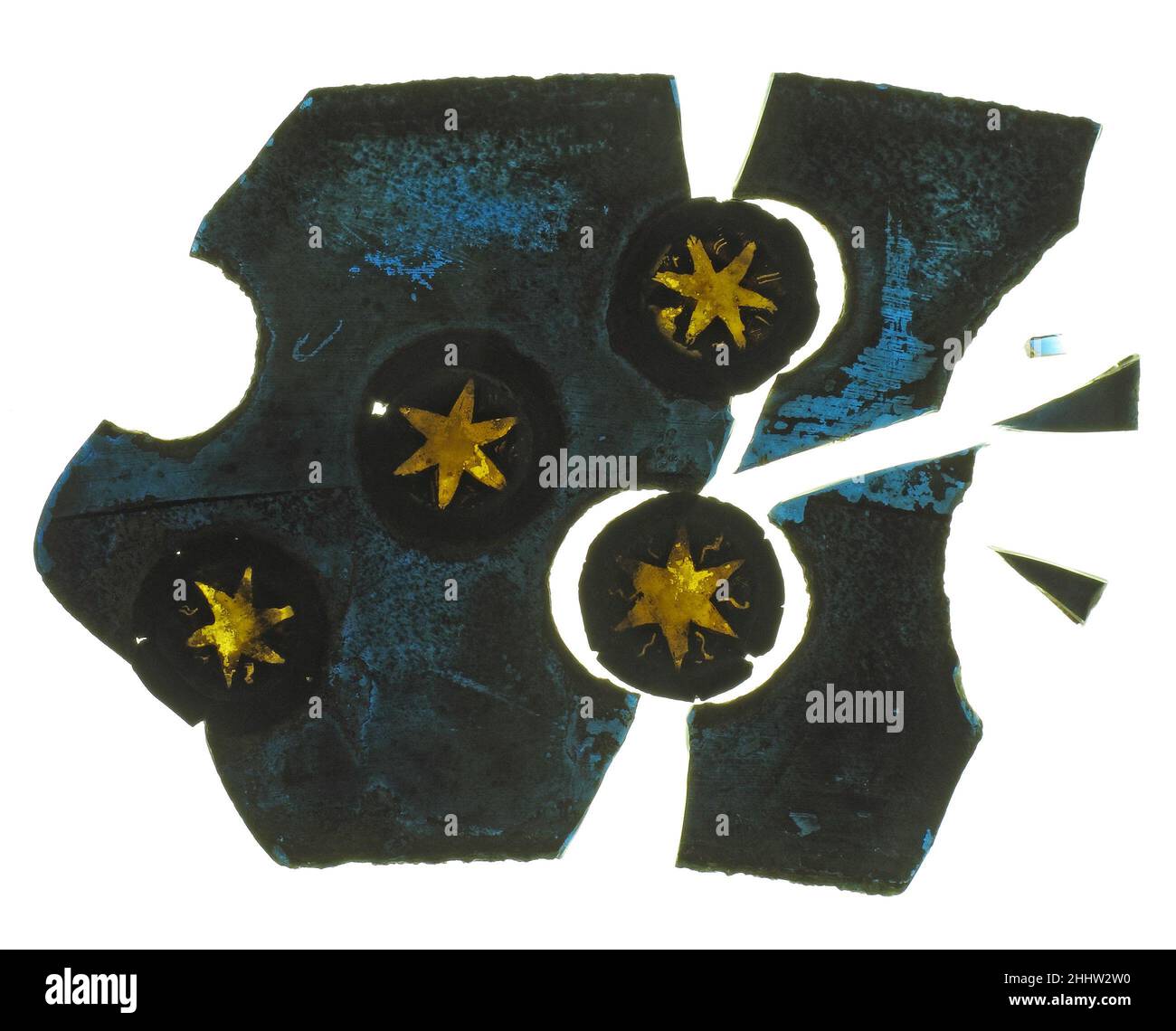 Fragment de verre 14th siècle français.Fragment de verre.Français.14th siècle.Pot en verre métallique.Vitraux Banque D'Images