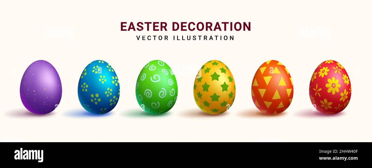Motif œufs de Pâques à motif vectoriel.collection de 3d œufs colorés dans des motifs et des imprimés festifs pour la chasse aux œufs des fêtes de pâques décoration réaliste. Illustration de Vecteur