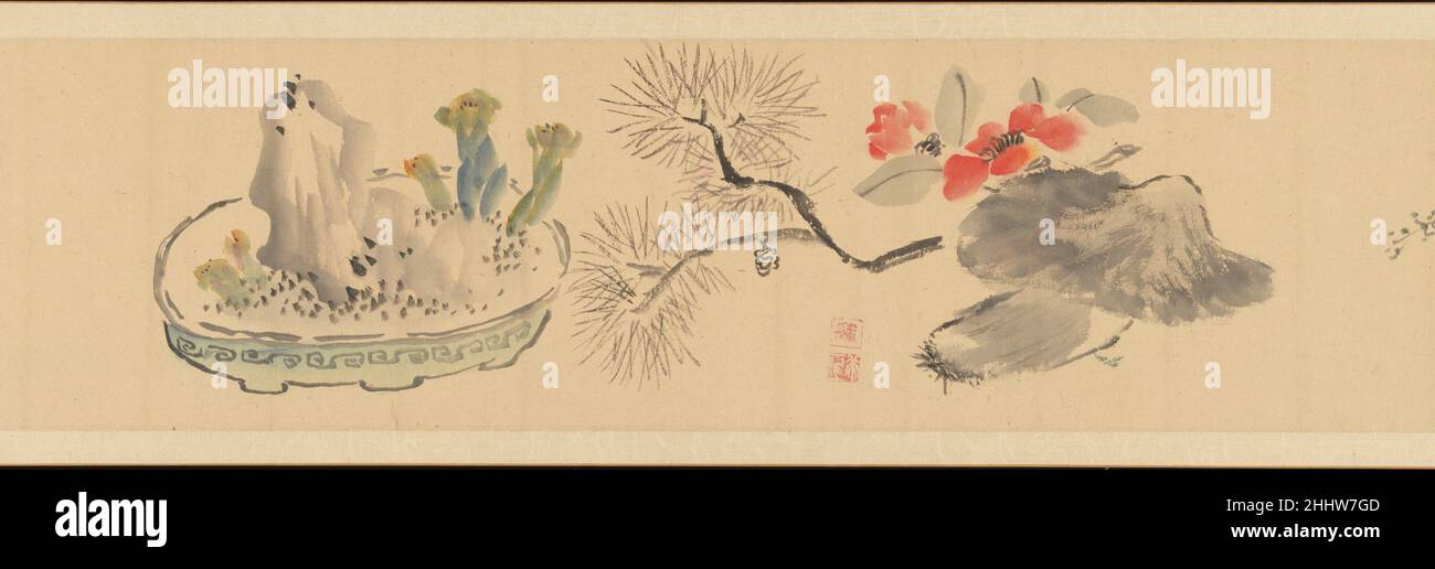Lettre renfermant des fleurs 1831 Okada Hankō Okada Hankō Japonais Okada se consacre aux études confucéennes et à la peinture dans le style des maîtres chinois Ming et Qing, comme l'avait fait son père, Okada Beisanjin (1744-1820).Cette lettre à un ami, écrite quand l'artiste avait quarante-neuf ans, offre un cadeau de fleurs disposées dans un style chinois, une pratique cultivée par des lettrés japonais.La torsion amusante : le don n'était pas de véritables fleurs mais des croquis de fleurs, exécutés d'une manière charmante et libre qui reflète la qualité spontanée et personnelle épousée par les peintres Nanga (litérati) en émulation de l'érudit chinois Banque D'Images