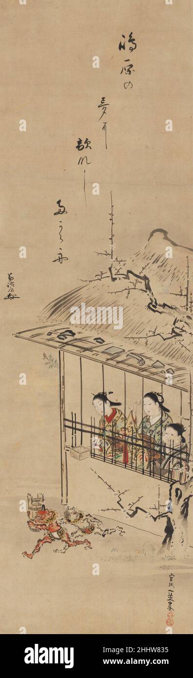 Les courtesans Shimabara les démons exorcizing la deuxième moitié du 18th siècle Miyagawa Isshō deux jeunes courtesans aux couleurs vives et une vieille dame, dont les joues bouffantes ressemblent à celles de la jeune fille augures OtafukuSont en train d'exécuter l'acte rituel de lancer des haricots exorciser le mal dans le cadre du Festival Setsubun, célébré à la veille du début du printemps.Tout en lançant des haricots, les gens crient, « dehors avec les démons, dedans avec de la chance » (Oni wa soto, fuku wa uchi).Ici, l'artiste a littéralement montré des démons fuyant les courtesans et les personnes âgées, qui se tiennent derrière les fenêtres de treillis d'un b Banque D'Images