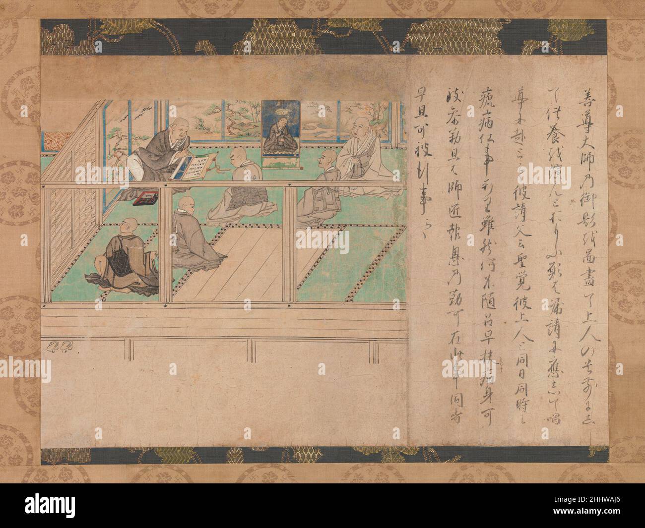 Biographie illustrée de Hōnen (Shūikotokūden-e) ca.1310–20 Japon cette scène pivot d'un ensemble de neuf défilent représente le moine Hōnen (1133–1212), fondateur de l'École de terre pure du bouddhisme, en inscriant un portrait de lui-même pour l'un de ses disciples les plus importants, Shinran (1173–1262).Le jeune Shinran, facilement reconnaissable par ses sourcils broussailleux, attend patiemment que son maître transcrit un passage d'un sutra dans lequel le Bouddha Amida (Sanskrit: Amitābha) promet de sauver tous ceux qui appellent son nom.Le portrait Hōnen inscribes a été fait comme une copie de la peinture accrochée au centre de la pièce.TH Banque D'Images Biographie illustrée de Hōnen (Shūikotokūden-e) ca.1310–20 Japon cette scène pivot d'un ensemble de neuf défilent représente le moine Hōnen (1133–1212), fondateur de l'École de terre pure du bouddhisme, en inscriant un portrait de lui-même pour l'un de ses disciples les plus importants, Shinran (1173–1262).Le jeune Shinran, facilement reconnaissable par ses sourcils broussailleux, attend patiemment que son maître transcrit un passage d'un sutra dans lequel le Bouddha Amida (Sanskrit: Amitābha) promet de sauver tous ceux qui appellent son nom.Le portrait Hōnen inscribes a été fait comme une copie de la peinture accrochée au centre de la pièce.TH Banque D'Images
