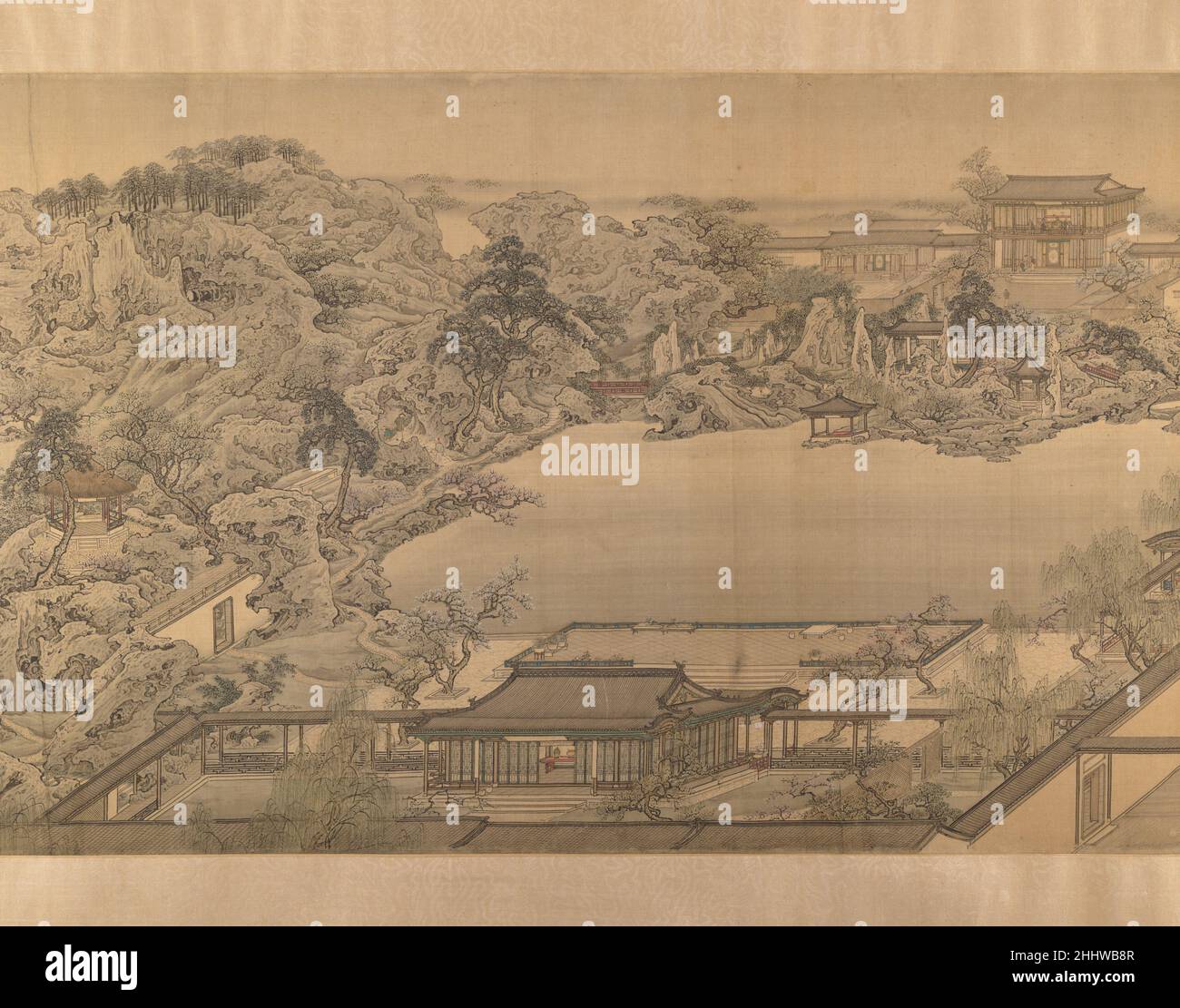 Vue sur un jardin Villa 18th (?)Après Yuan Jiang Chinese Yuan Jiang a été aidé dans son travail par un certain nombre d'autres artistes, y compris son neveu Yuan Yao, qui a continué à pratiquer le style familial à la fin du dix-huitième siècle.Qui est une copie rapprochée de la composition originale de Yuan Jiang, maintenant dans le Musée d'histoire municipale de Tianjin, enregistre en détail l'apparition du Zhanyuan, ou 'jardin d'observation,' de Nanjing, qui faisait partie de la propriété d'un fonctionnaire de Manchu;ainsi, il conserve un enregistrement précieux d'un jardin autrement perdu du début du xviiie siècle.Vue de Banque D'Images