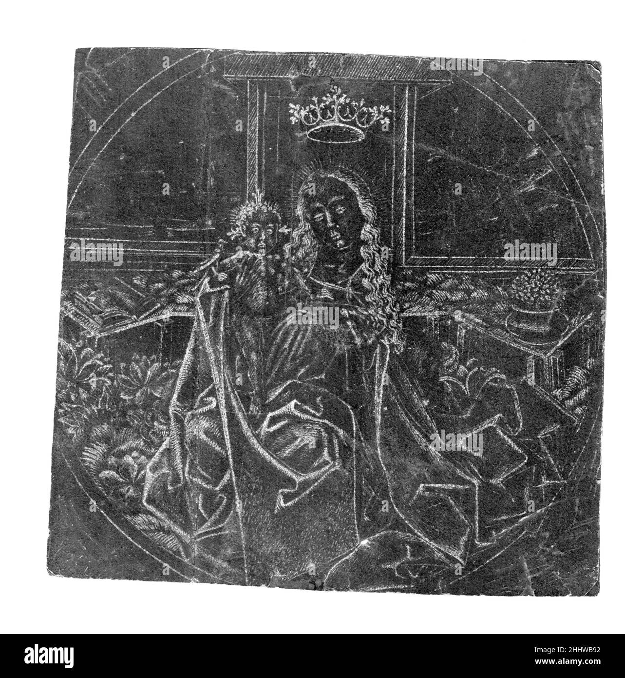 Vierge avec un oiseau sur une banque Grassy mi-15th siècle Maître ES allemand.Vierge avec un oiseau sur une banque de Grassy.Master ES (allemand, actif vers1450–67). mi-15th siècle.Gravure, imprimée à l'encre blanche sur papier noir préparé, accentuée de blanc.Imprime Banque D'Images