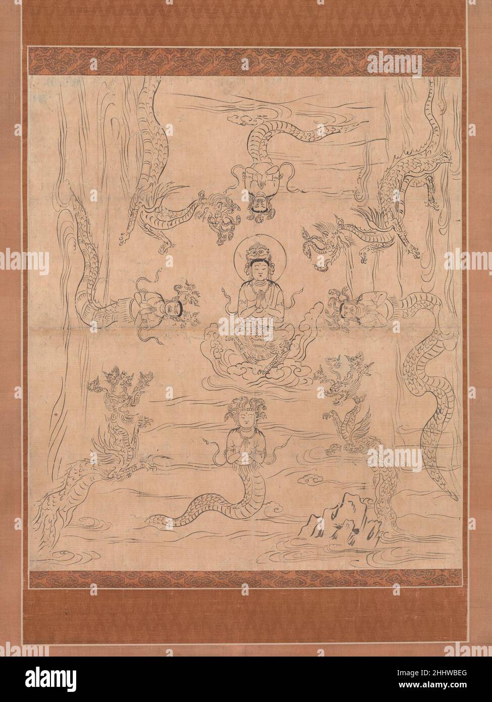 Esquisse d'une "pluie invitante" Mandala 12th siècle Japon ce mandala inhabituel, un croquis d'un recueil d'images bouddhistes ésotériques, dans le monde aqueux des rois de dragon, a été utilisé dans les rites pour mettre fin à la sécheresse.Il est intéressant de noter qu'il n'existe pas de versions polychromes connues ou hautement finies de ce type de mandala, bien qu'elles soient enregistrées comme ayant été utilisées dans des services de sutra-lecture exécutés par des moines des temples de Tōji et Daigoji à Kyoto dès le neuvième siècle.Peut-être ces diagrammes ont-ils été faits chaque fois qu'un appel extraordinaire à la pluie était nécessaire.Le repos transcendant du bodhisattv Banque D'Images