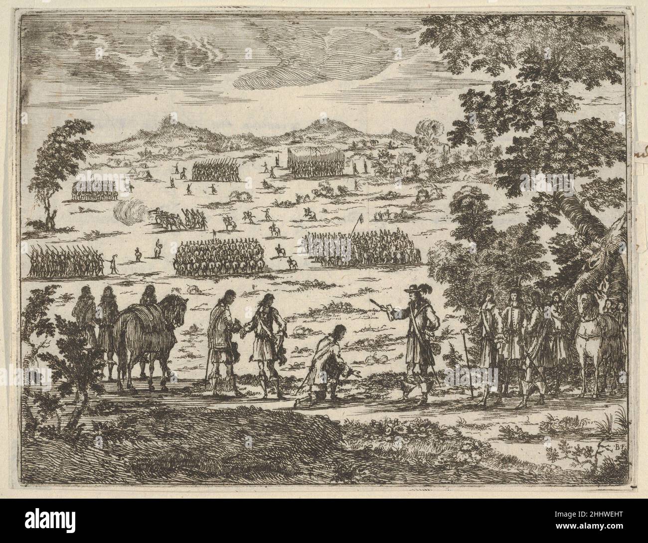 Francesco i d'Este condamne un noble officiel français à la mort comme un exemple pour empêcher de futurs excès scandaleux dans l'Église, de l'idée di un principe ed Eroe Cristiano dans Francesco i d'Este, di Modène e Reggio Duca VIII [...]1659 Bartolomeo Fenice (Fénis) Italien cet imprimé est tiré de l'idée di un principe ed Eroe Cristiano in Francesco I d'Este, di Modène e Reggio Duca VIII [...] recueilli dans un album de planches brunes.Quatre tirages sont imprimés sur chaque page de l'album avec une inscription du dix-septième ou dix-huitième siècle collée sous l'impression sur la page de l'album.Les impressions sont gravées Banque D'Images