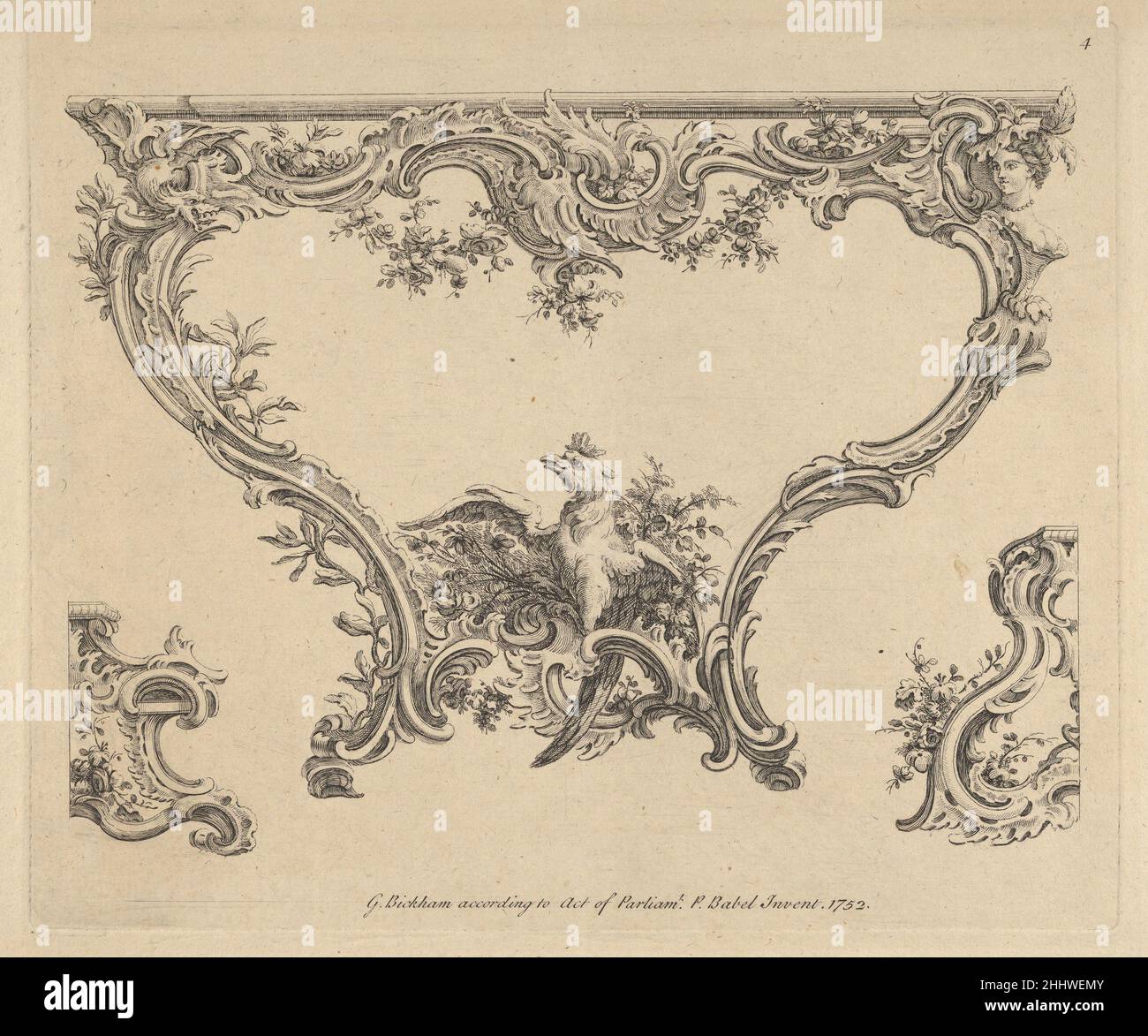 Conception d’une table de console 1752 Pierre Edmé Babel Français conception d’une table de console asymétrique de style rococo et de deux moitiés d’autres ornements de rocaille, éventuellement conçus comme des variantes de la base de la table.La structure de soutien de la table est ornée d’ornements en rocaille et de branches végétales.Sur le côté gauche, juste en dessous de l'entablature, un petit dragon est incorporé.Son pendentif sur le côté droit est le buste d'une femme.Ci-dessous, au centre de la base, un grand oiseau est placé, reposant sur un ornement de rocaille recouvert d'une parcelle de fleurs et de buissons feuillus minces.Conception d'une table de console Banque D'Images