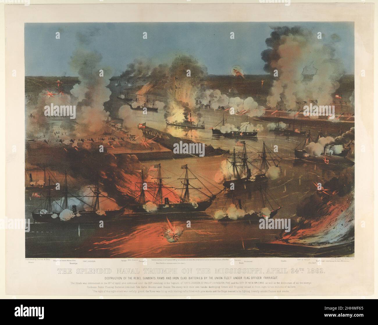 Le Splendid Naval Triumph on the Mississippi, 24th avril 1862 :Destruction des canots de rebelles, des Rams et des batteries de Clad de fer par la flotte de l'Union sous le drapeau Farragut 1862 Currier & Ives American en avril 1861, au début de la guerre civile américaine, le président Abraham Lincoln a déclaré un blocus des ports du Sud;Prendre le contrôle du fleuve Mississippi et du commerce confédéré au profit des États du Sud étaient des objectifs clés de l'Union.Cet imprimé enregistre un assaut décisif du Nord, connu sous le nom de la bataille des forts Jackson et St. Philip, qui a eu lieu en avril 1862; ces deux emplacements stratégiques Banque D'Images