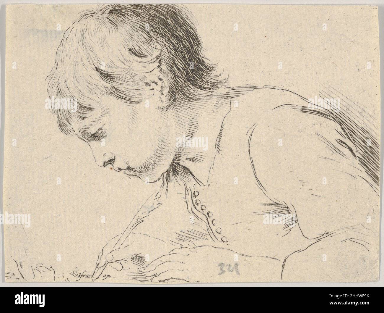 Assiette 14: Un enfant qui écrit avec un quill, face à gauche dans le profil, de 'différentes têtes et figures" (Diversets têtes et figures) 1650 Stefano della Bella Italian.Planche 14: Un enfant qui écrit avec un quill, orienté à gauche dans le profil, de 'têtes et figures diverses' (Diversets têtes et figures) 412273 Banque D'Images
