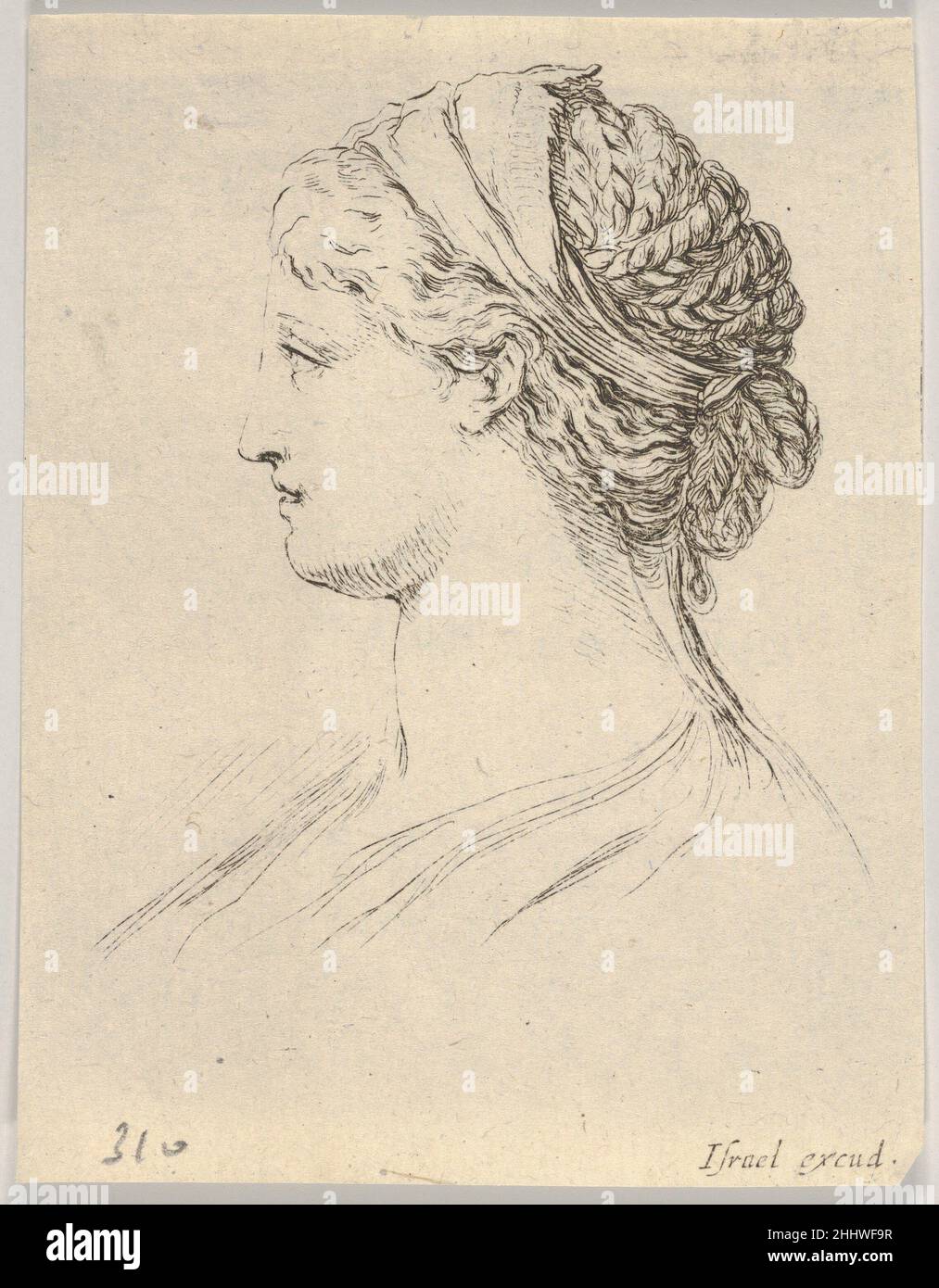 Assiette 3: Tête d'une femme avec des cheveux tressés, tournée dans le profil à droite, de «diverses têtes et figures» (Diversets têtes et figures) 1650 Stefano della Bella Italian.Planche 3: Tête d'une femme aux cheveux tressés, tournée vers la droite, de 'têtes et figures diversess' (Diversets têtes et figures) 412250 Banque D'Images