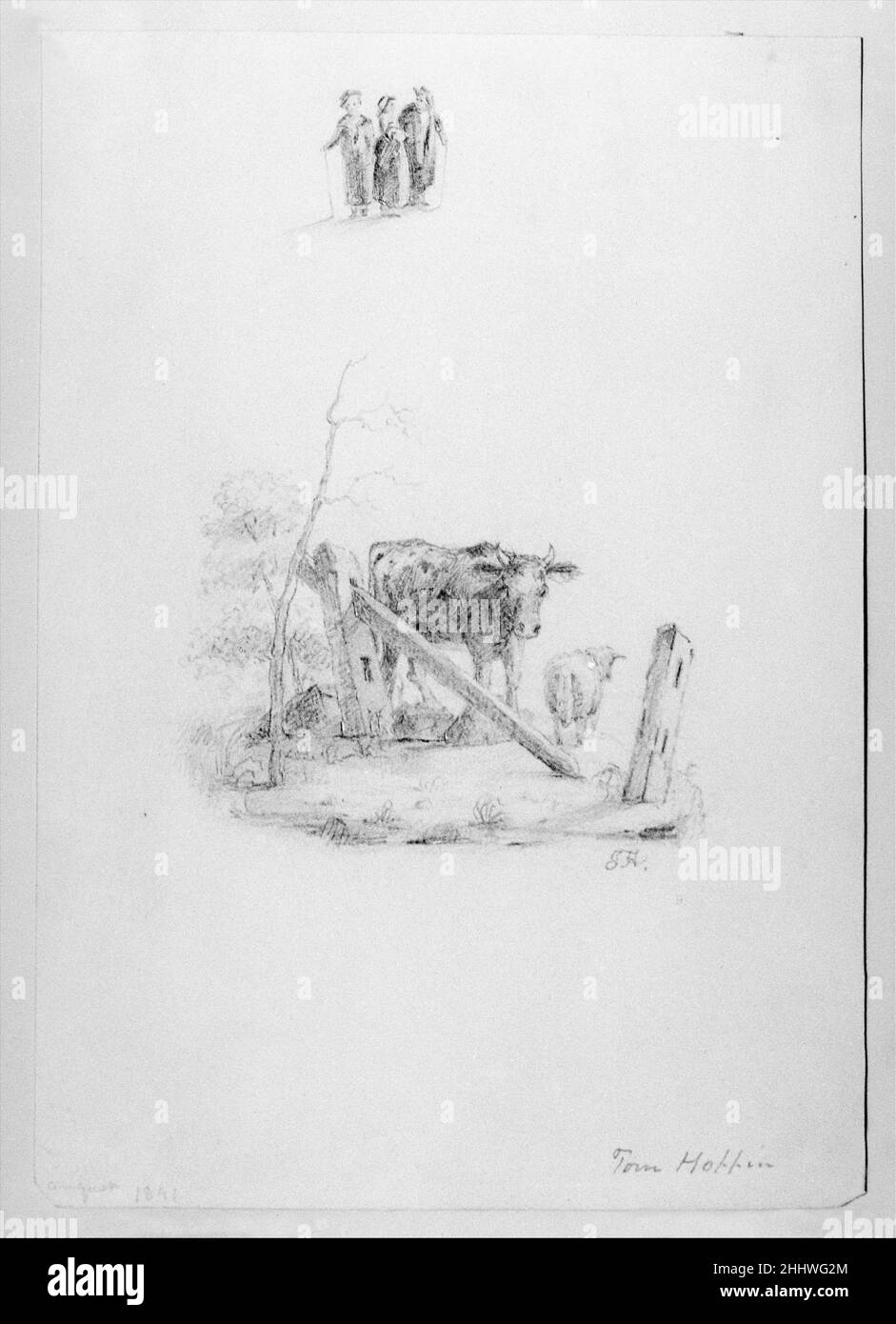 Paysage avec deux vaches et une clôture brisée; trois figures debout (tiré du livre de presse McGuire) 1841 Thomas F. Hoppin.Paysage avec deux vaches et une clôture brisée; trois figures debout (tiré du livre de McGuire).Thomas F. Hoppin (1816-1872).Américain.1841. Graphite sur carton Bristol blanc cassé Banque D'Images