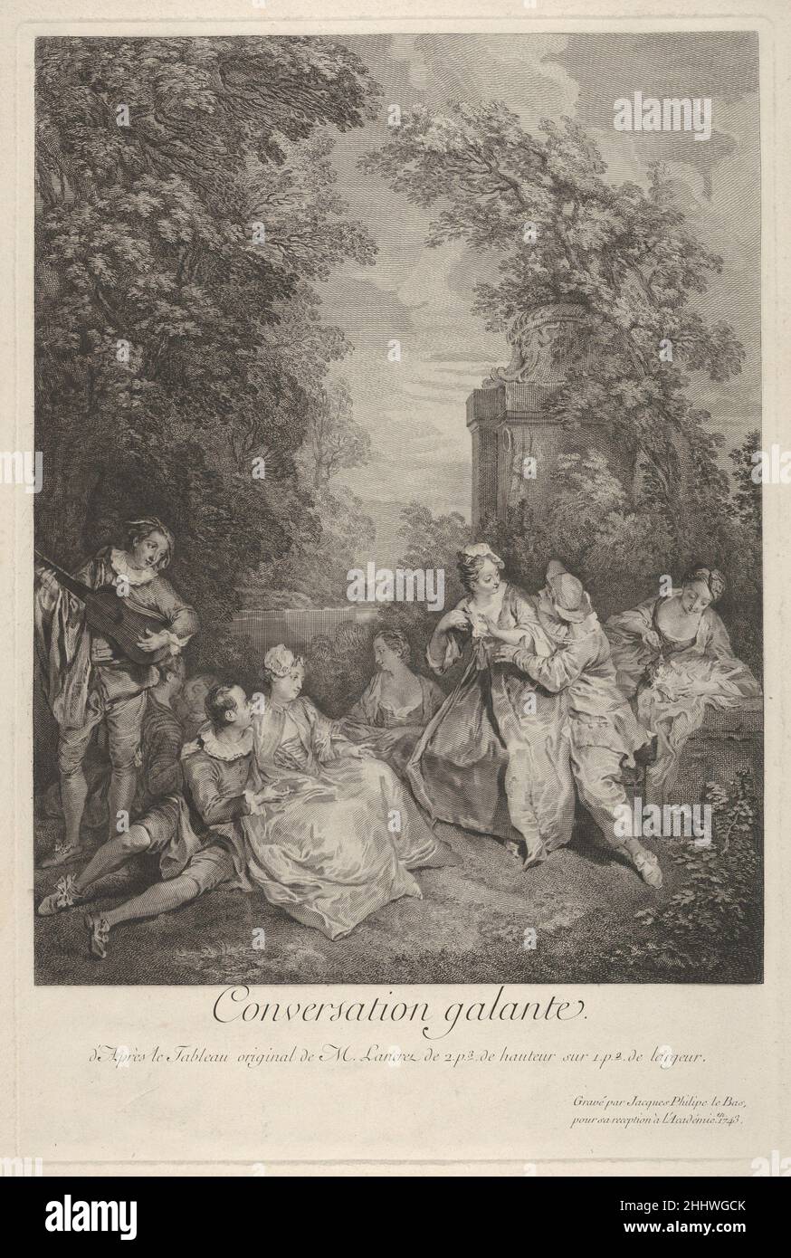 'Gallant conversation' (conversation galante): Les couples s'engagent dans une conversation dans un jardin, à gauche un musicien joue pour le groupe, à droite une femme tient un chien couché sur les genoux 1743 Jacques Philippe le Bas Français.'Gallant conversation' (conversation galante) : les couples s'engagent dans une conversation dans un jardin, à gauche un musicien joue pour le groupe, à droite une femme tient un chien de tour inclinable 416826 Banque D'Images