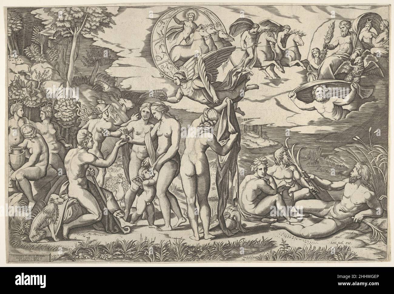 Jugement de Paris: Paris étend sa main vers Vénus, qui se trouve entre Juno et Minerva, entourée de figures couchées et assises;Ci-dessus sont une figure aigre portant une couronne de Laurier, un char conduisant quatre chevaux, Castor et Pollux, et Jupiter accompagné de Ganymede, un aigle, Diana, et deux autres figures femelles ca.1520–50 après Marcantonio Raimondi Italian.Jugement de Paris: Paris étend sa main vers Vénus, qui se trouve entre Juno et Minerva, entourée de figures couchées et assises; ci-dessus sont une figure ailées portant une couronne de Laurier, un char conduisant quatre chevaux, Cast Banque D'Images