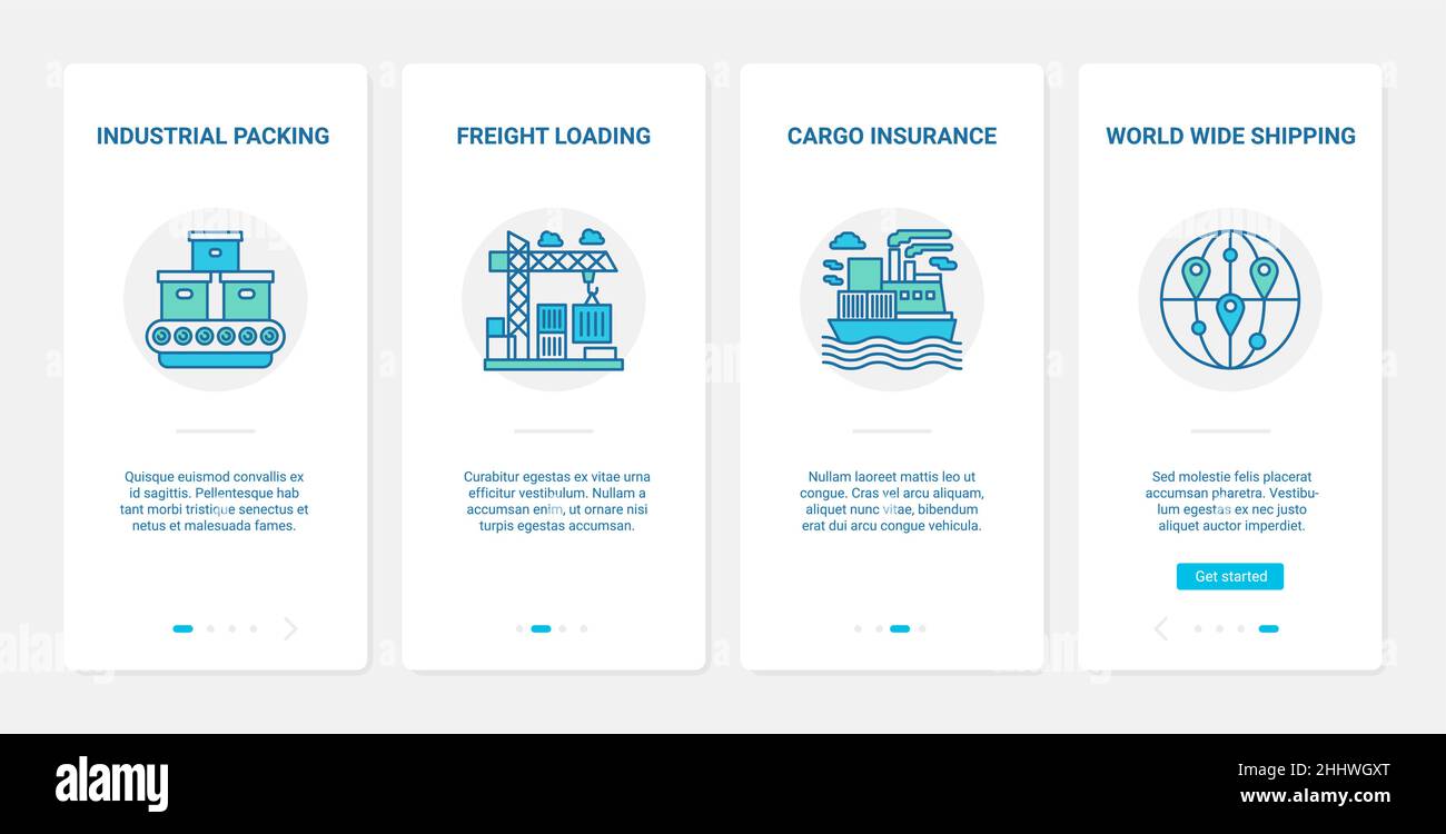 Illustration de vecteur de logistique, d'expédition industrielle et de livraison dans le monde entier. UX, UI Onboarding mobile application page Screen Set avec équipement de grue de chargement de ligne Illustration de Vecteur