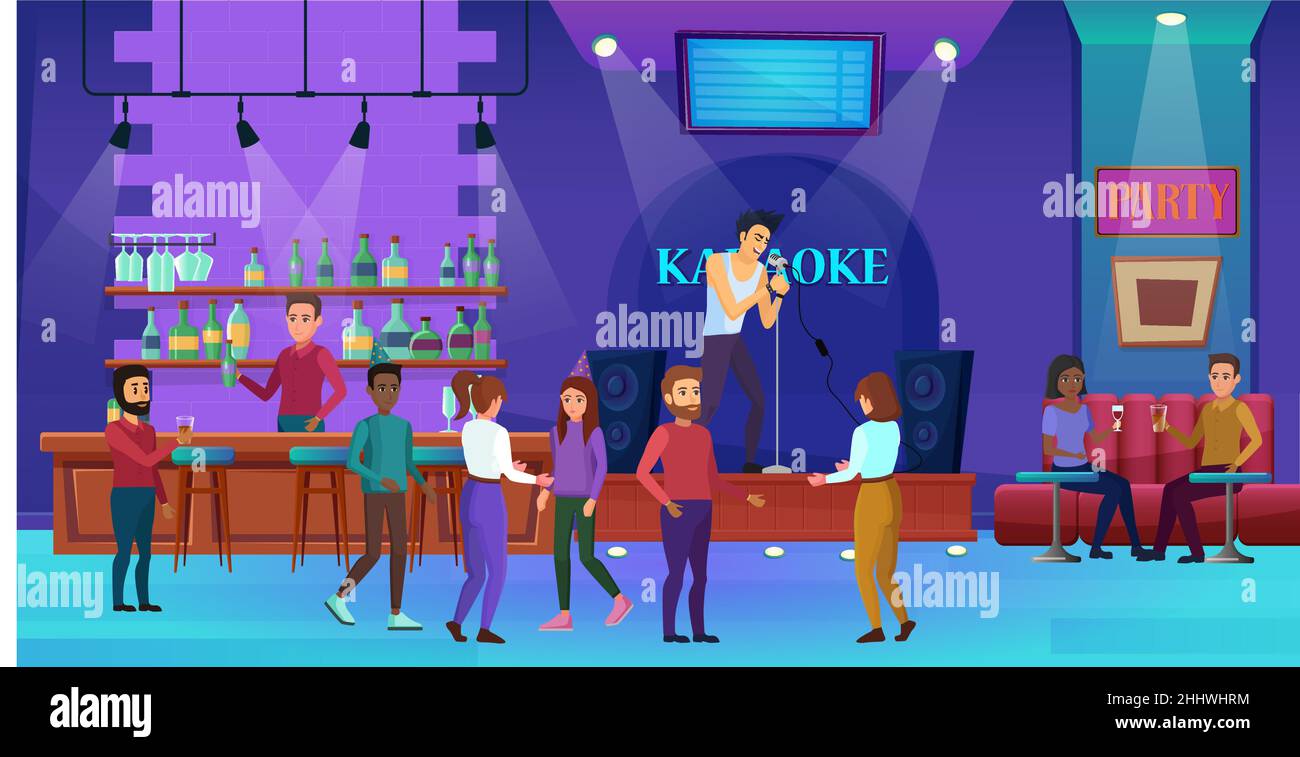 Karaoke vie nocturne bar illustration vectorielle, dessin animé homme plat femme personnes groupe boire du vin, chant de chant à l'arrière-plan de la fête de boîte de nuit karaoké Illustration de Vecteur