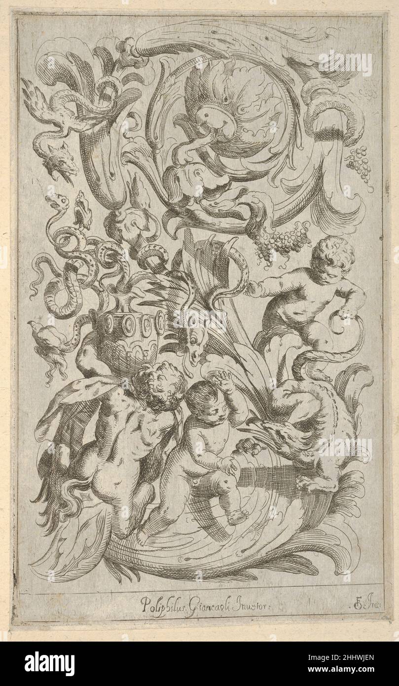 Disegni Varii di Polifilo Zancarli 1628 avant Polifilo Giancarli Italien panneau vertical avec un acanthus rinceau avec différentes figures.En bas à gauche, un satyr, vu de l'arrière, tient un vase d'où s'échappent une multitude de serpents.À droite, deux putti sont représentés en tassant une petite créature ressemblant à un dragon.Disegni Varii di Polifilo Zancarli 410955 Banque D'Images