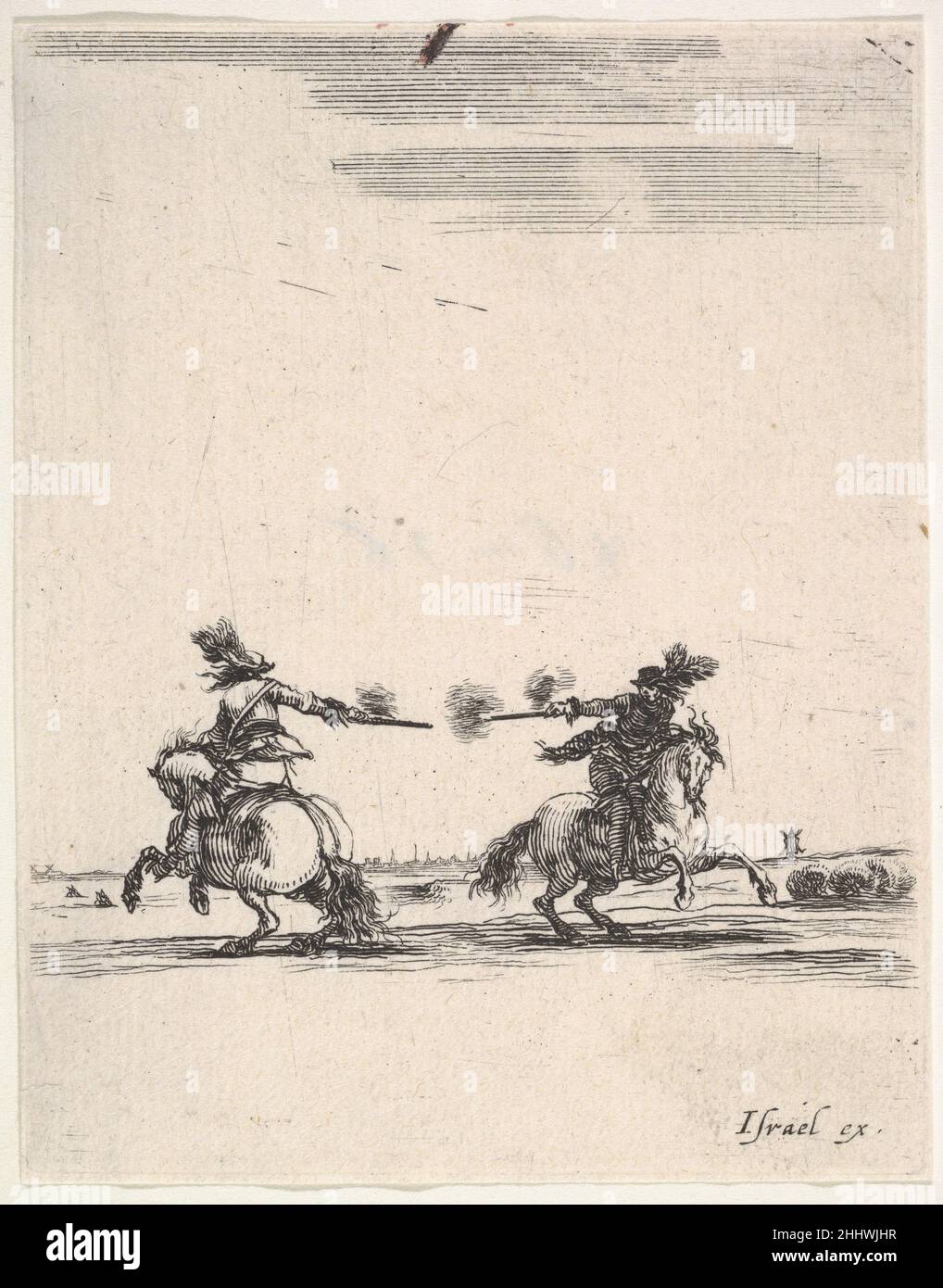 Deux cavaliers dueling avec des pistolets, l'un vu de l'arrière en direction de la gauche, l'autre en direction de la droite, de 'divers exercices de cavalerie' (Diversets exerçes de cavalerie) ca.1642–45 Stefano della Bella Italien.Deux cavaliers doués de pistolets, l'un vu de derrière, en direction de la gauche, l'autre en direction de la droite, de 'divers exercices de cavalerie' (Diversets exerçes de cavalerie) 410815 Banque D'Images