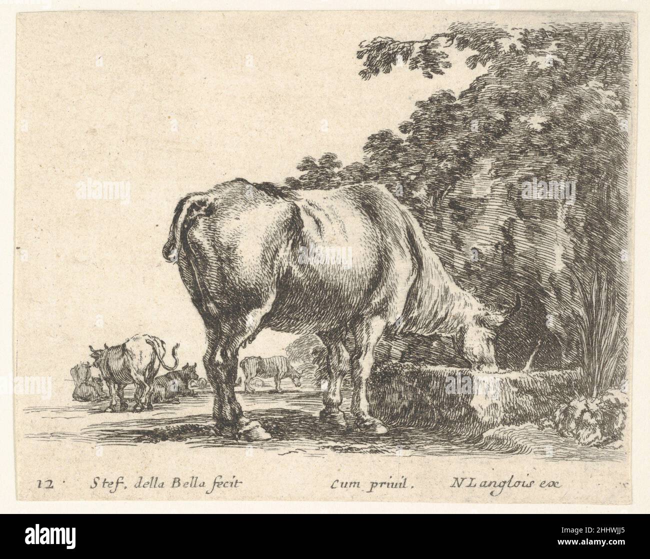 Assiette 12: Une vache buvant d'une cuvette de pierre, d'autres vaches à gauche en arrière-plan, de 'Diversi capricci' ca.1644–47 Stefano della Bella Italien.Assiette 12: Une vache buvant à partir d'une cuvette de pierre, d'autres vaches à gauche en arrière-plan, de 'Diversi capricci' 410306 Banque D'Images