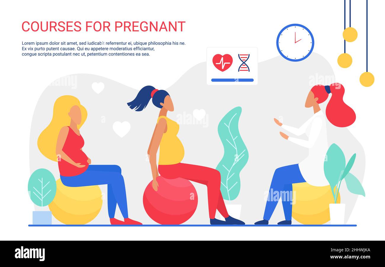 Illustration vectorielle de la grossesse en ligne.Les cours de maternité de dessin animé favorisent la parentalité naturelle, groupe de formation d'instructeur de femme enceinte caractéristique Illustration de Vecteur