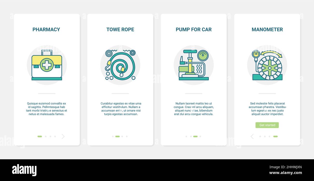 Équipement de réparation pour l'illustration du vecteur de service de voiture.UX, UI Onboarding mobile App page Screen Set avec pompe de voiture de ligne, manomètre manomètre, d'abord Illustration de Vecteur