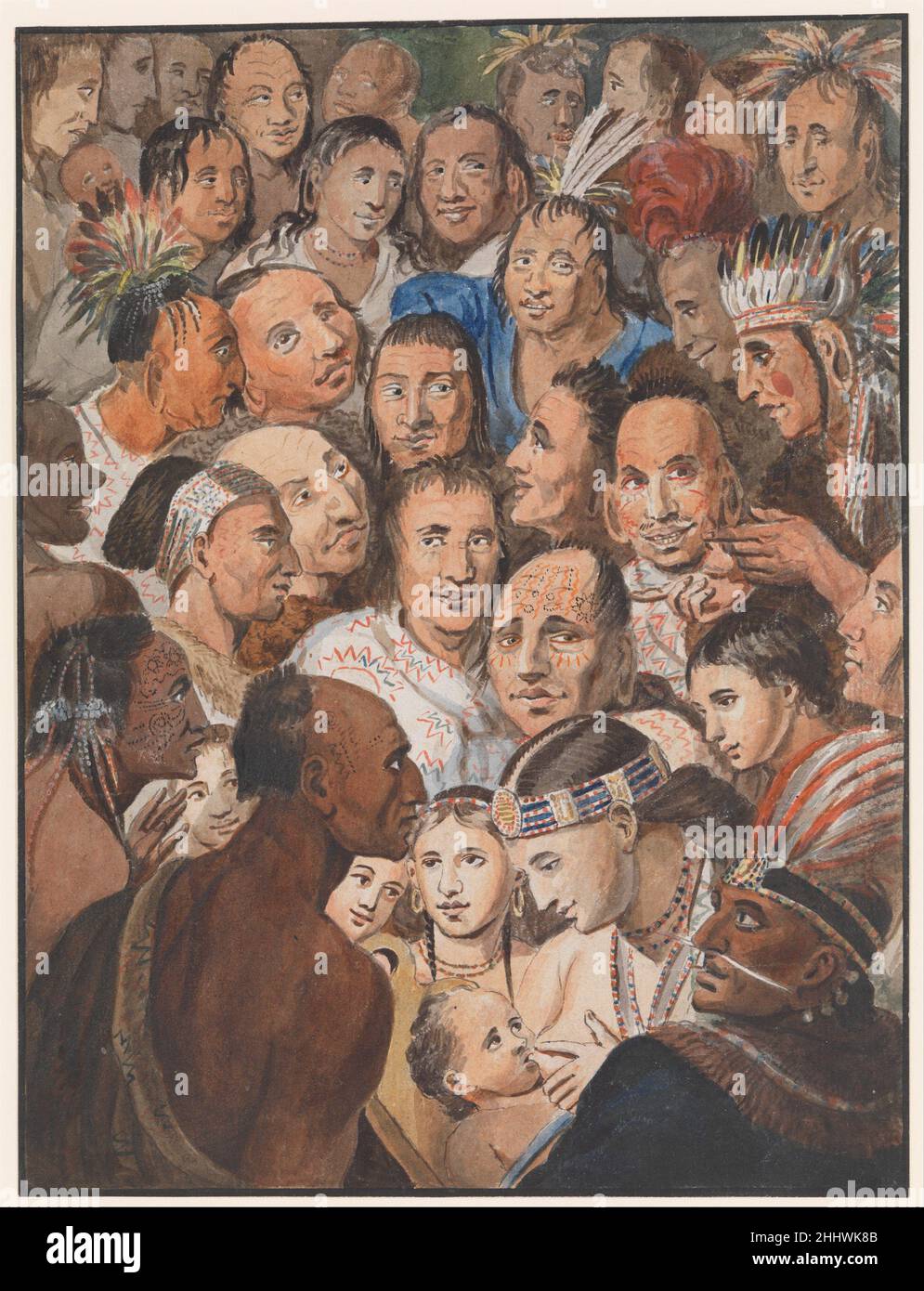 Tableau des visages indiens 1811–ca.1813 attribué à John Lewis Krimmel American en 1809 Krimmel immigre à Philadelphie, où il a formé comme artiste.En 1812, il a été commandé par Pavel Petrovich Svinin pour créer quatorze aquarelles pour le compte de voyage de Svinin "Un voyage pittoresque en Amérique du Nord" (1815).Une gravure après cette aquarelle précède le chapitre sur les Indiens d'Amérique.Comme Svinin, Krimmel n'a probablement jamais observé d'Indiens d'Amérique de la vie.Beaucoup des apparences que la foule cette composition sont empruntées à des œuvres de Benjamin West, plus particulièrement «la mort du général WO Banque D'Images