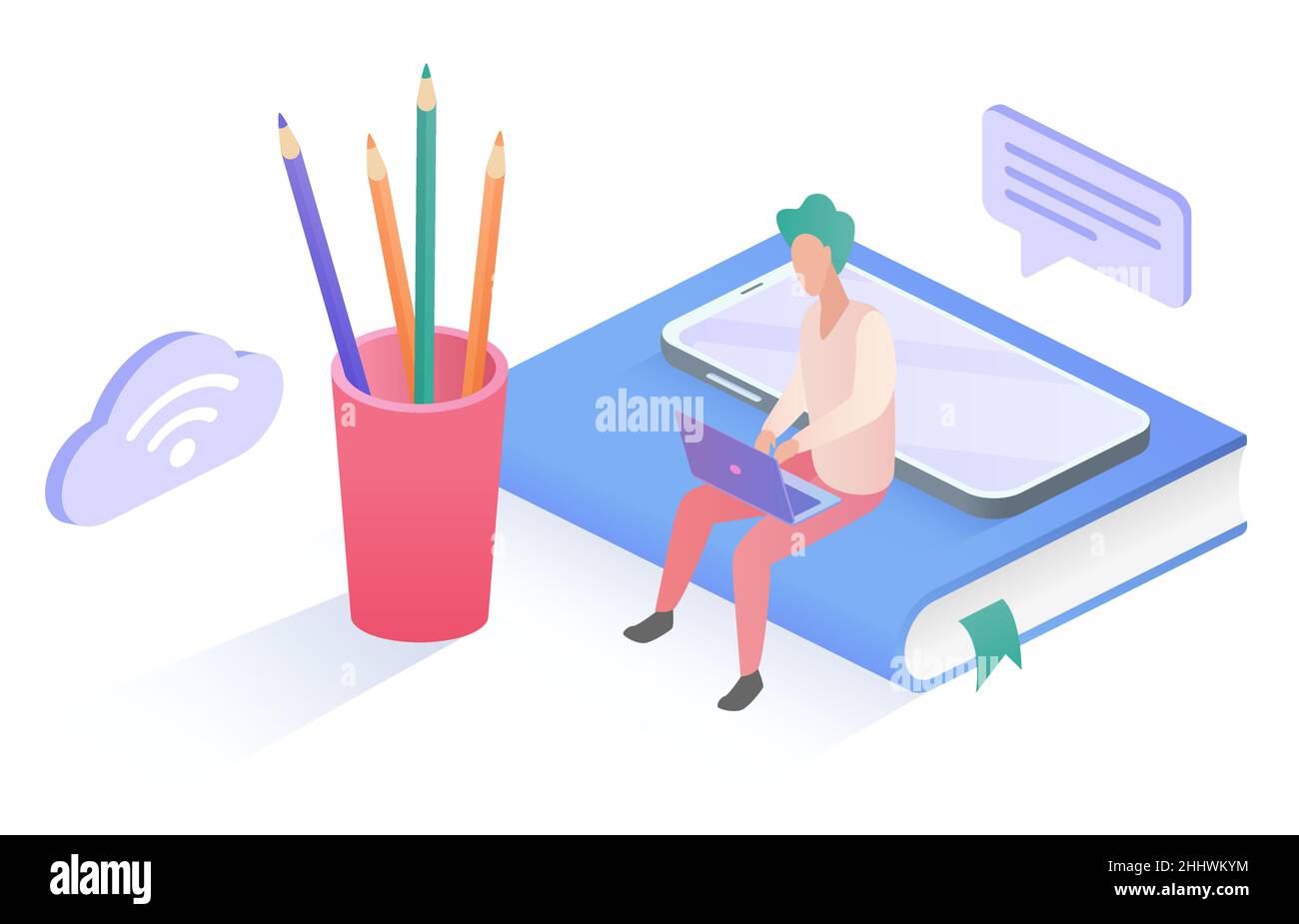 Illustration vectorielle de concept en ligne de l'étude de travail isométrique. Dessin animé petit homme étudiant ou personnage de travail assis sur grand livre avec ordinateur portable et d'étude Illustration de Vecteur