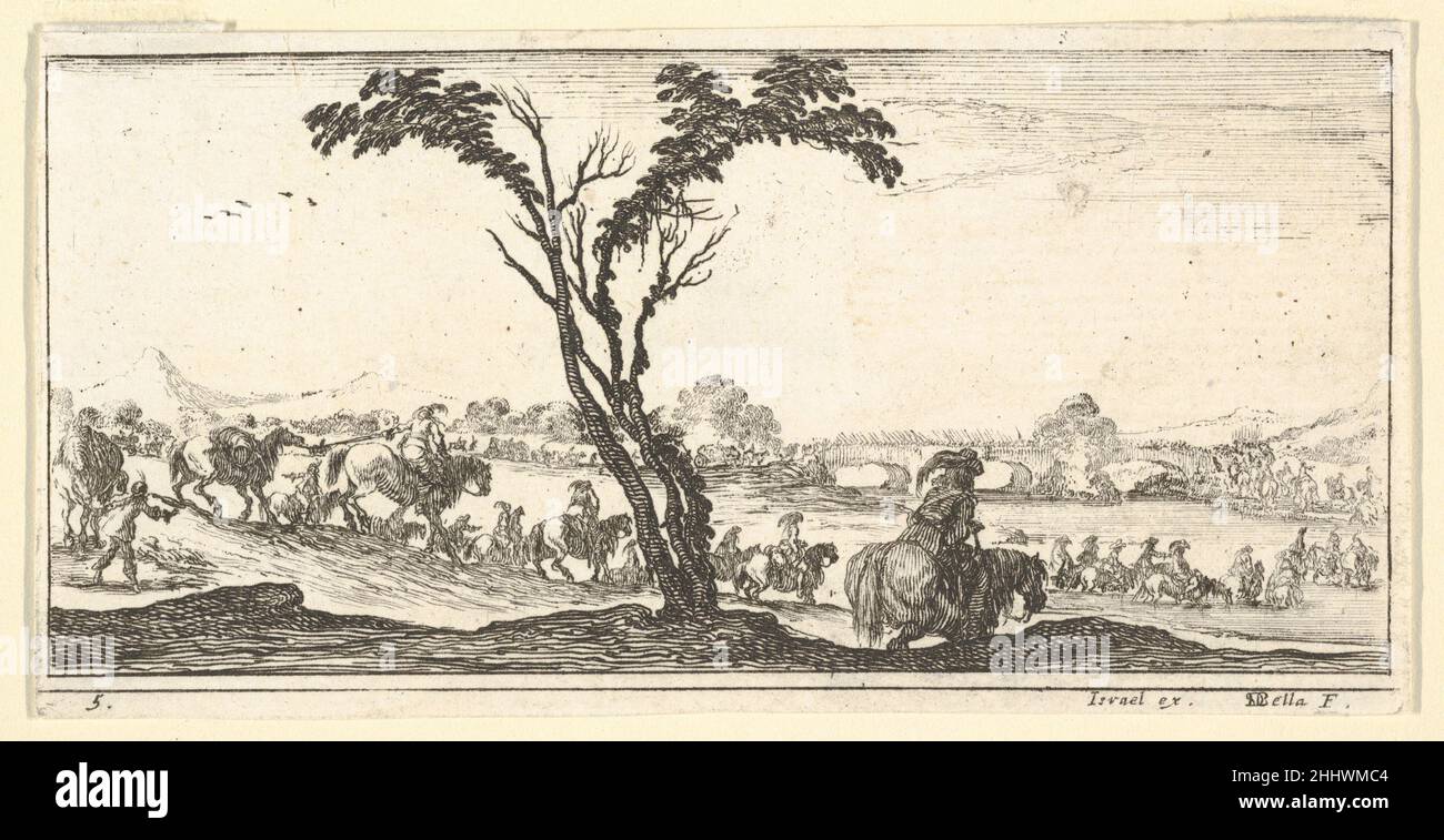 Planche 5: Une procession d'cavaliers traversant une rivière, un arbre au centre, de 'troupes, canons, et attaques sur les villess' (Dessins de quelques conduite de trupes, canons, et ataques de villes) ca.1640 Stefano della Bella Italien.Planche 5: Une procession d'cavaliers traversant une rivière, un arbre au centre, à partir de 'troupes, canons, et attaques sur les villess' (Dessins de quelques conduite de trupes, canons, et ataques de villes) 410851 Banque D'Images