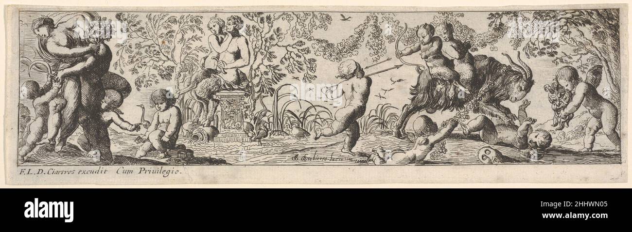 Composition avec trois groupes de figures : à gauche, une femme lutte avec un assaillant mâle, au centre un satyr femelle et un satryr mâle assis sur un piédestal, au putti droit entourent deux jeunes satyres de chèvre, d'une série de douze dessins de type frise montrant des bachchanaux, des sacrifices et des danses CA.1617–25 Pierre Brebiette Français.Composition avec trois groupes de figures : à gauche, une femme lutte avec un assaillant mâle, au centre un satyr femelle et un satryr mâle assis sur un piédestal, au putti de droite entourent deux jeunes satyres qui sont à cheval sur une chèvre, à partir d'une série de douze dessins de type frise montrant des bachchanaux, sa Banque D'Images