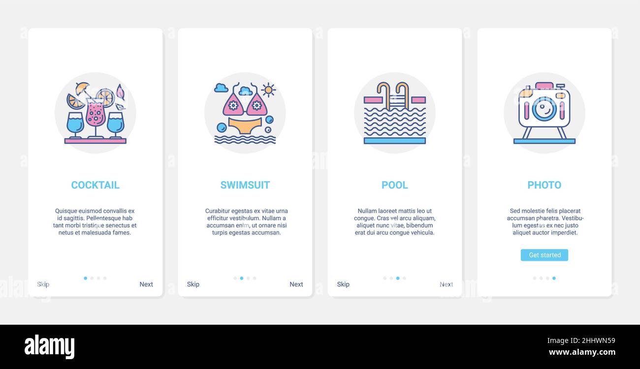 Illustration vectorielle de l'activité de vacances à la plage en été. UI, UX Onboarding mobile application page ensemble d'écran avec maillot de bain ligne pour nager dans la piscine, Cockt Illustration de Vecteur