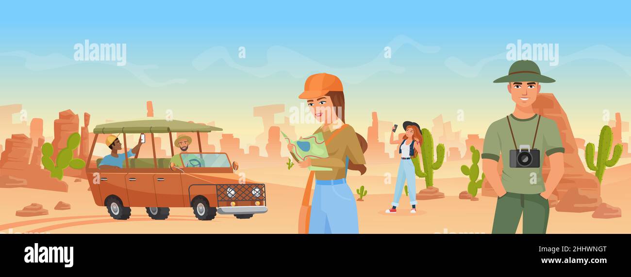 Les touristes voyagent dans l'Arizona sauvage ouest désert paysage illustration vecteur. Caricature homme femme personnage de voyageur faire des photos de voyage de l'ouest du wi Illustration de Vecteur