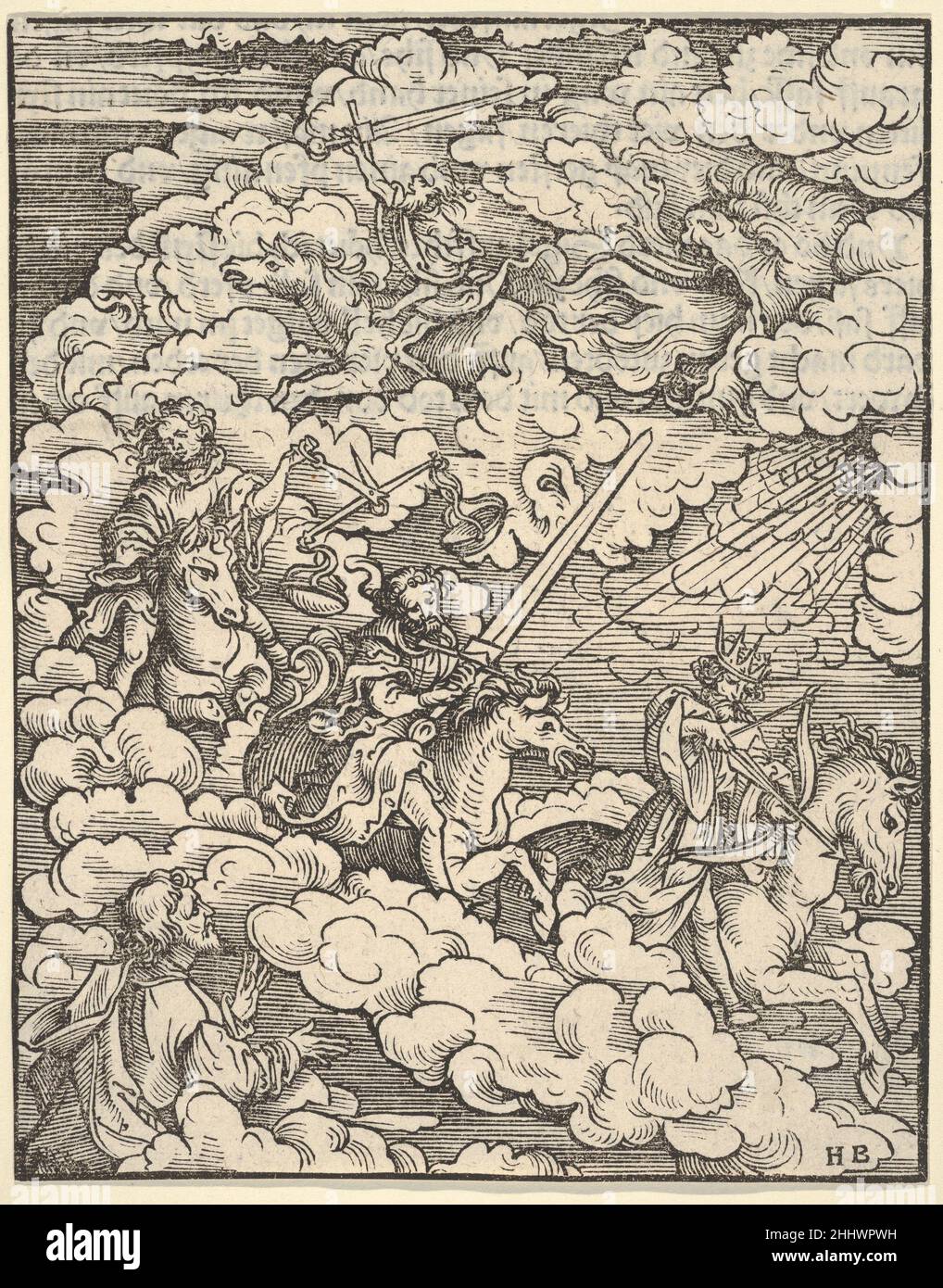 Les cavaliers apocalyptiques, de l'Apocalypse 1523–24 Hans Burgkmair German plate 3 d'une série de 21 coupes de bois avec des scènes de l'Apocalypse pour la traduction du Nouveau Testament par Martin Luther.Quatre éditions ont été publiées à Augsbourg par Silvan Otmar entre mars 1523 et avril 1524.Les Riders apocalyptiques, de l'Apocalypse 430640 Banque D'Images