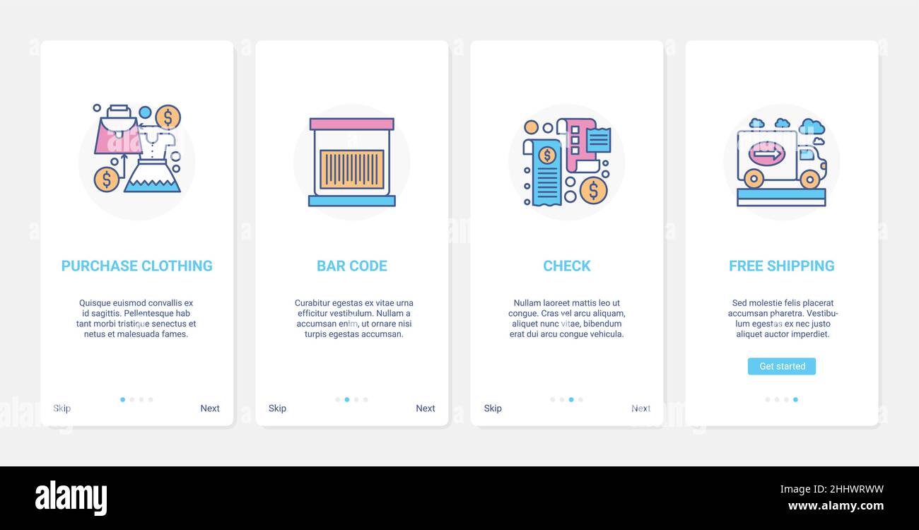 Illustration de vecteur de technologie de paiement et de livraison.UX, UI Onboarding mobile application page Screen Set avec code à barres de ligne sur les vêtements ou achat Go Illustration de Vecteur