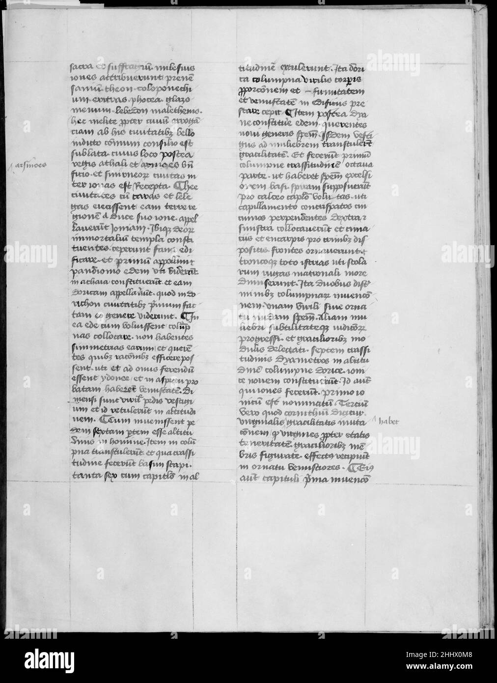 De Archittura 1400–50 Marcus Pollio Vitruvius Italian Volume contenant 93 feuilles manuscrites vélin inscrites avec du texte latin des deux côtés de chaque feuille à l'encre noire brunâtre sur des lignes réglées.Le texte est écrit en colonnes doubles, avec 39 lignes sur une page.Les chapiteaux décorés et les autres petits éléments de scrollwork sont peints en bleu et en rouge.Une feuille supplémentaire (folio 94) est réglée mais ne contient pas de texte.La reliure vellum est moderne et porte une bibliothèque datant de 19th ans de la bibliothèque Gloddaeth.De l'architecture 354234 Banque D'Images